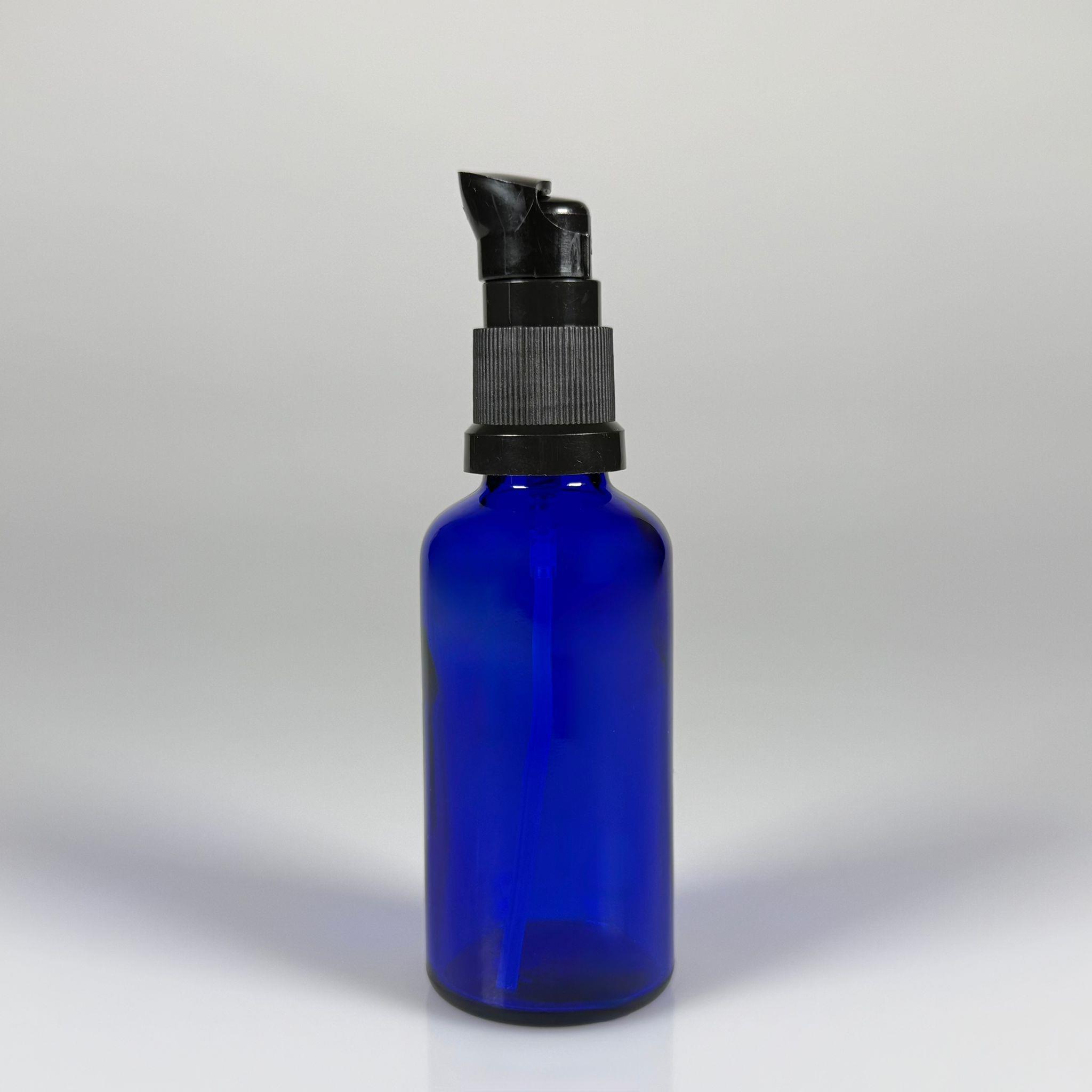 50 CC MAVİ CAM ŞİŞE - SIZDIRMAZ ETEKLİ SİYAH LOSYON POMPALI TAKIM - 50 ML LOSYON ŞİŞESİ - YAĞ, KREM GİBİ YOĞUN KIVAMLI SIVILAR İÇİN CAM AMBALAJ