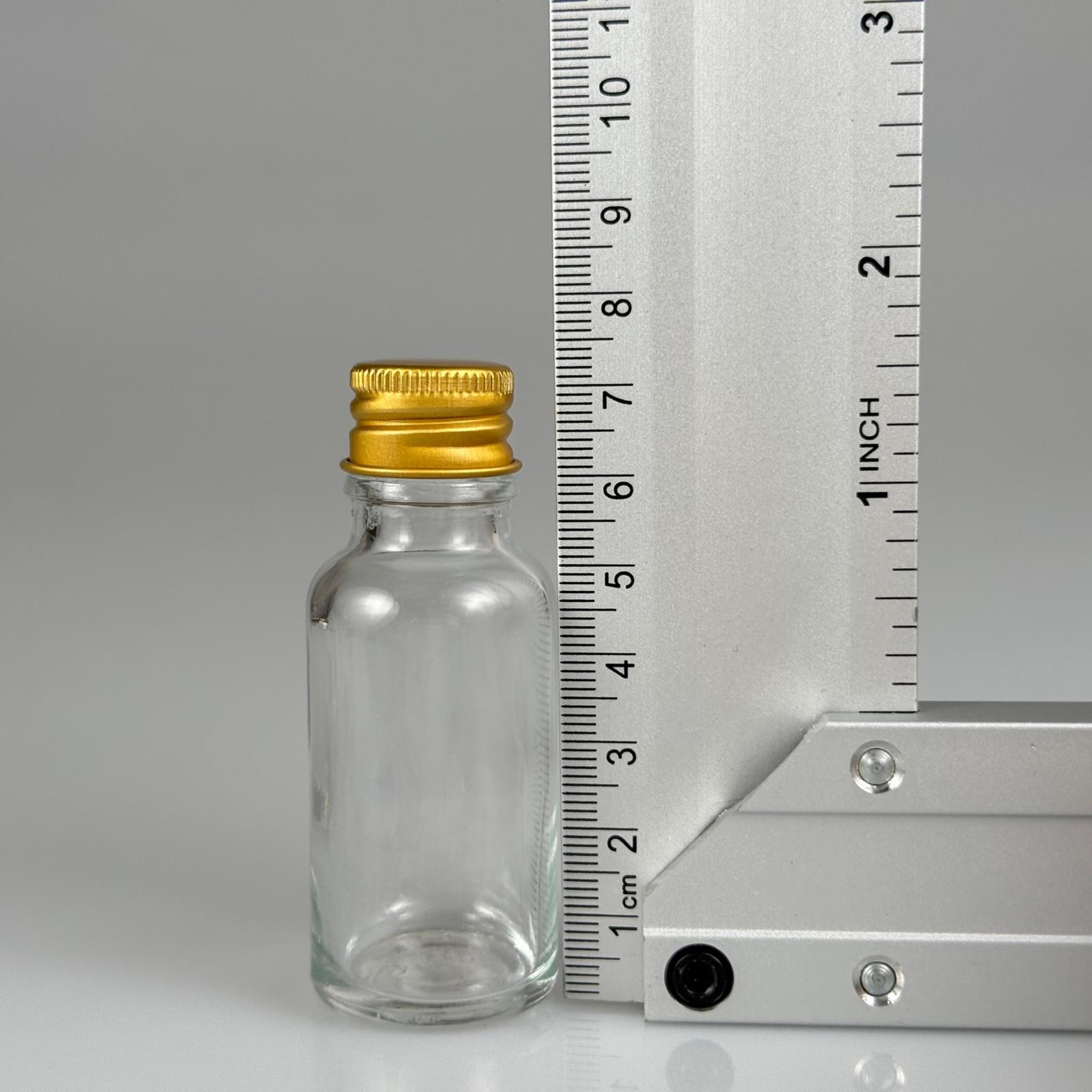 20 CC ŞEFFAF CAM ŞİŞE + KÖPÜK CONTALI GOLD ALÜMİNYUM METAL KAPAKLI + KOLONYA TIPALI TAKIM - 20 ML ŞEFFAF CAM ŞİŞE