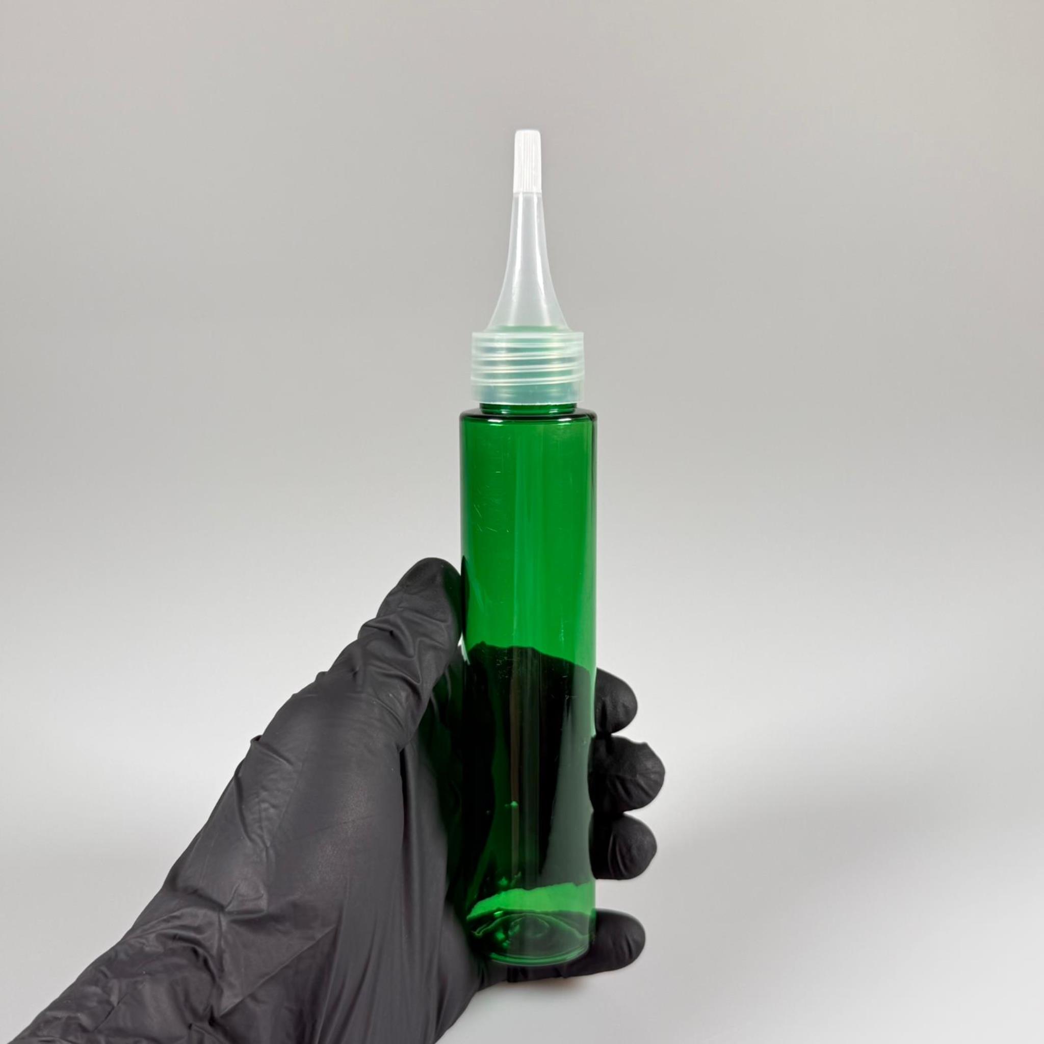 100 CC UZUN SİLİNDİR YEŞİL PET ŞİŞE (24 GR) - ŞEFFAF SİVRİ AKITICI KAPAKLI - 100 ML BİBERİYE SUYU, LAVANTA YAĞI, SAÇ SERUM, TONİK VB İÇİN PLASTİK KOZMETİK AMBALAJLARI