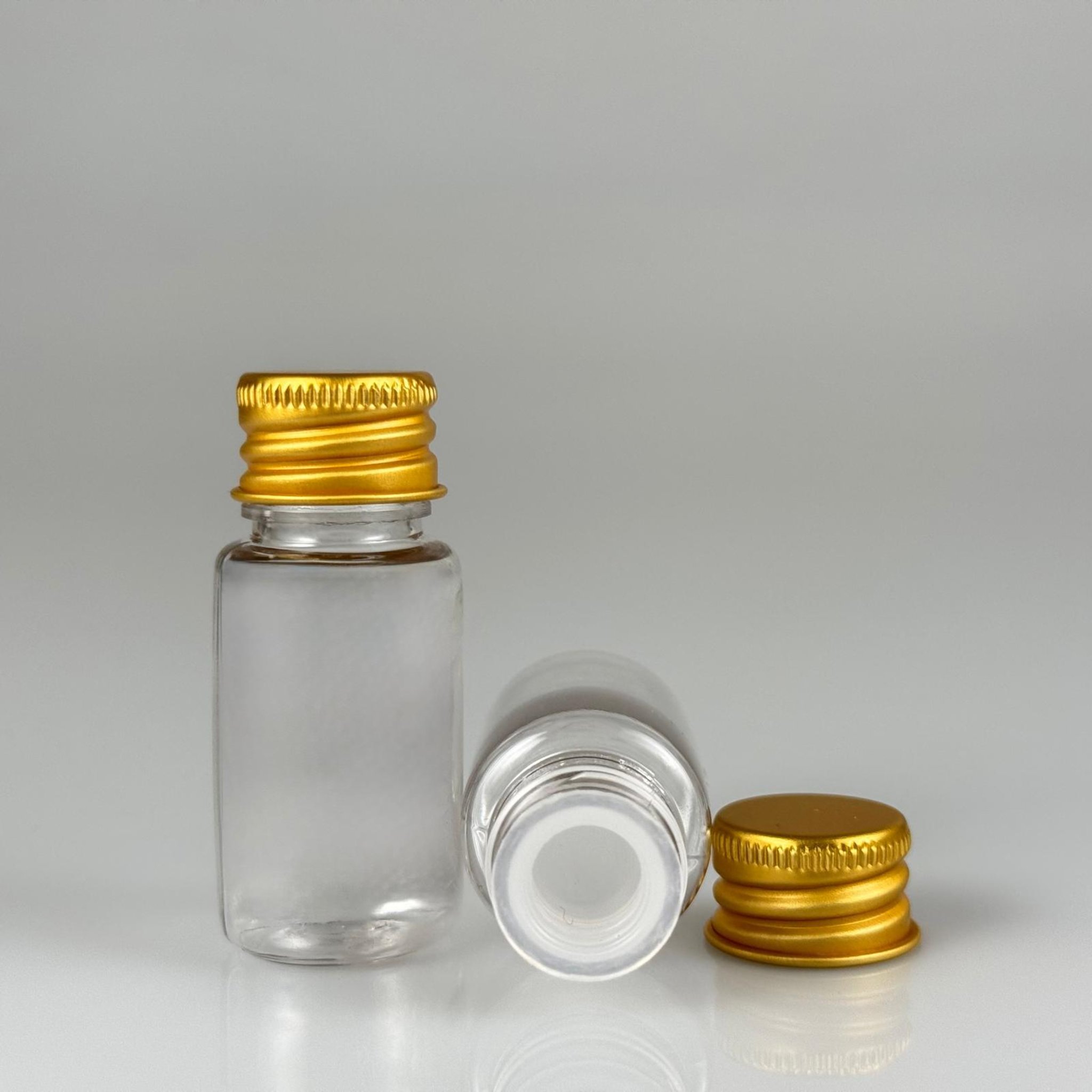 10 CC ŞEFFAF PET SHOT ŞİŞE - KÖPÜK CONTALI GOLD ALÜMİNYUM METAL KAPAKLI + KÖR TIPALI TAKIM - 10 ML PLASTİK ŞİŞE