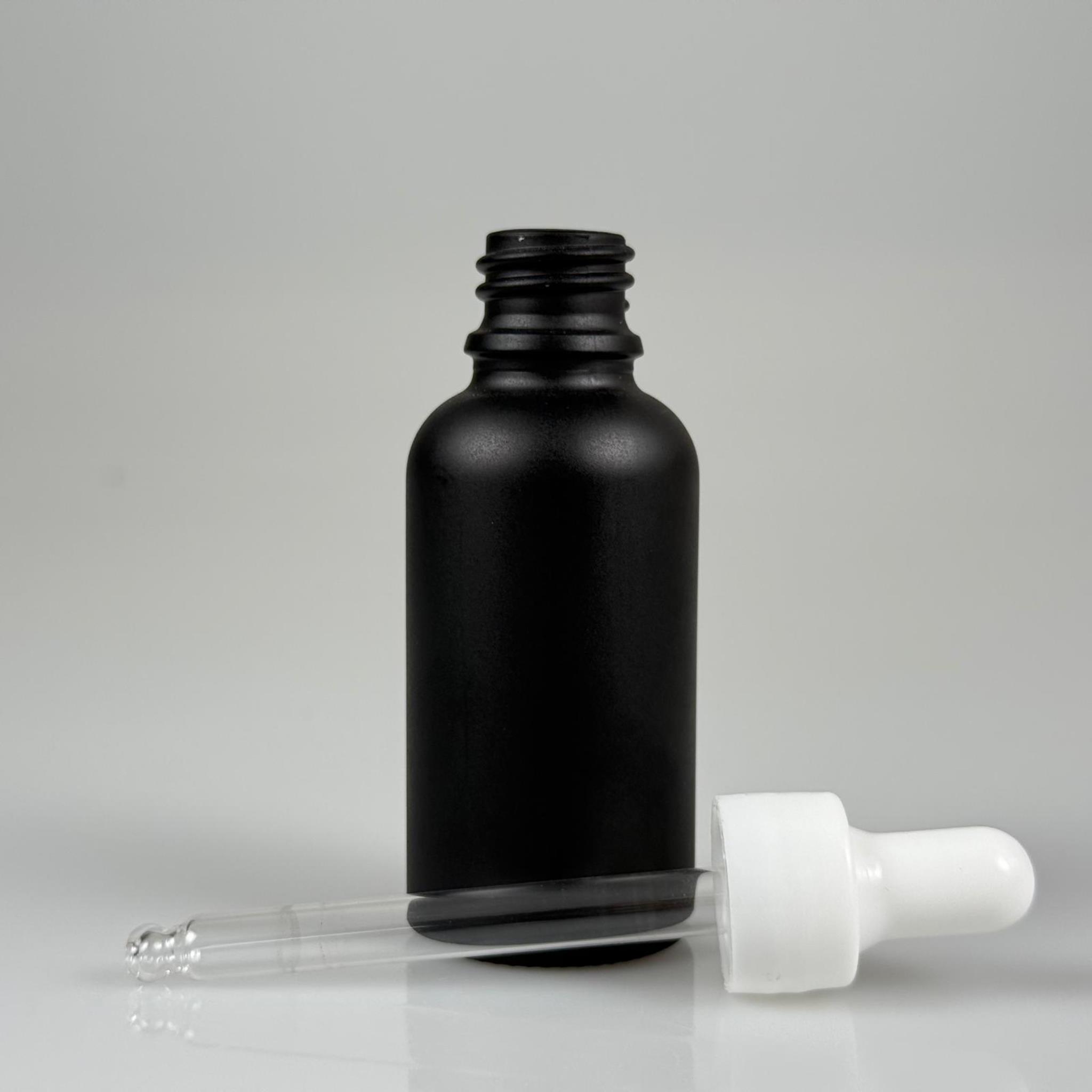 30 CC MAT SİYAH CAM DAMLALIKLI ŞİŞE - BEYAZ EMZİK + BEYAZ DÜZ KAPAK + CAM PİPET TAKIM - 30 ML MAT SİYAH DAMLALIKLI ŞİŞE SETİ