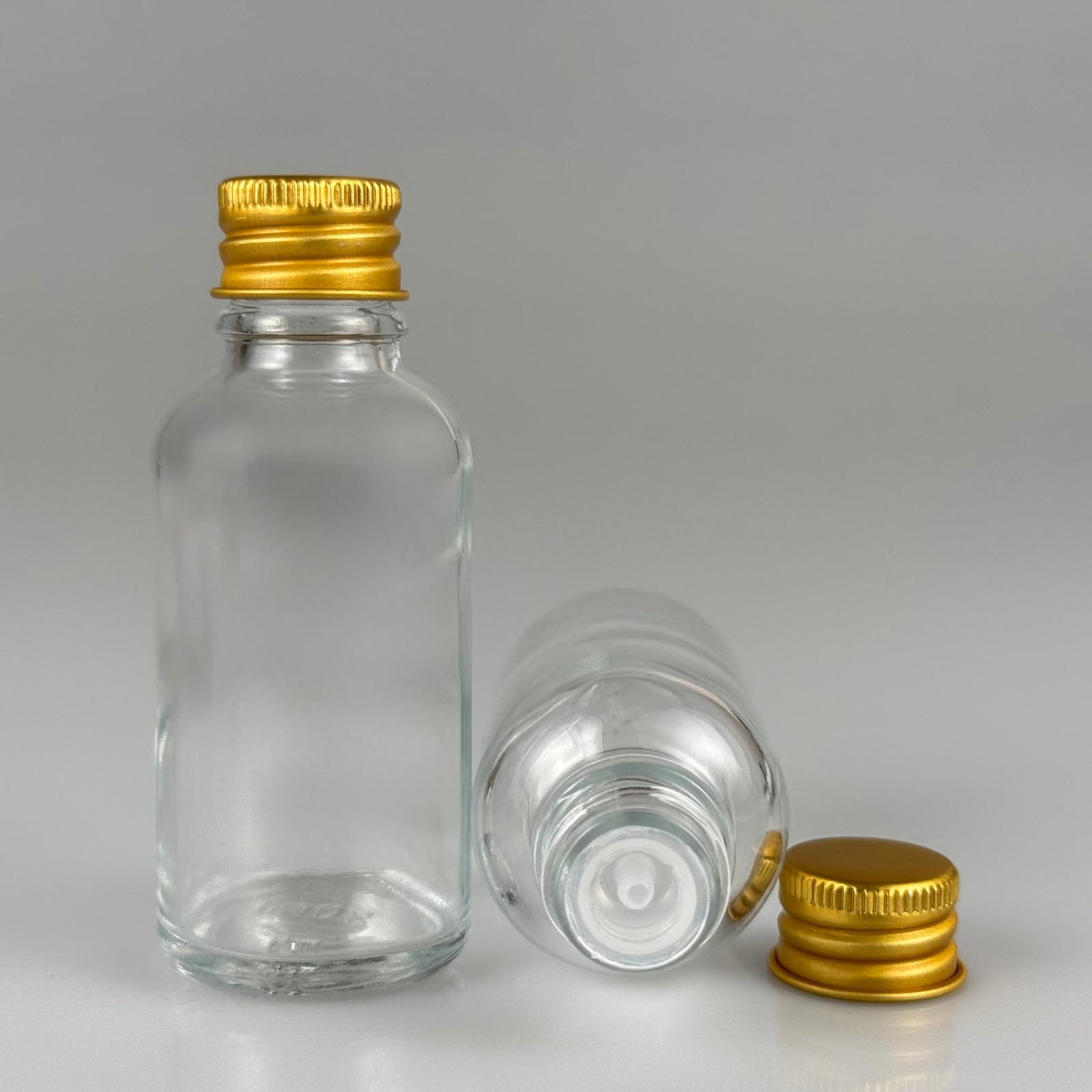 30 CC ŞEFFAF CAM ŞİŞE + KÖPÜK CONTALI GOLD ALÜMİNYUM METAL KAPAKLI + KOLONYA TIPALI TAKIM - 30 ML ŞEFFAF CAM ŞİŞE