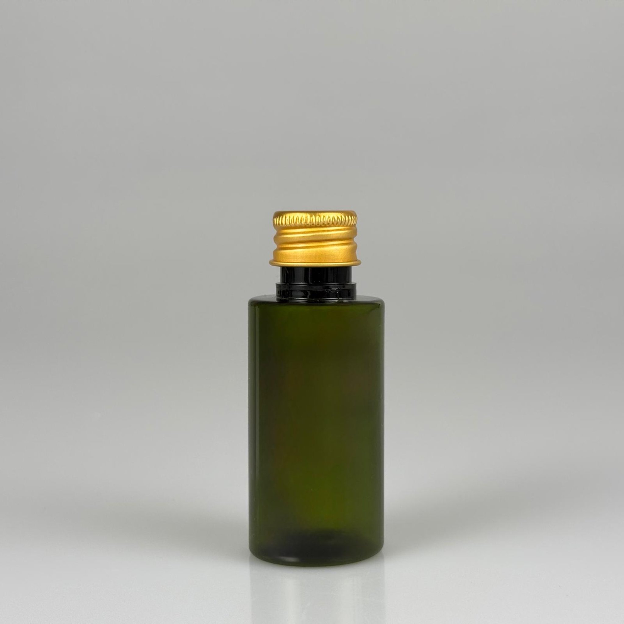 35 CC  SİLİNDİR YEŞİL PET ŞİŞE + KÖPÜK CONTALI GOLD ALÜMİNYUM METAL KAPAKLI TAKIM - 35 ML PLASTİK ŞİŞE