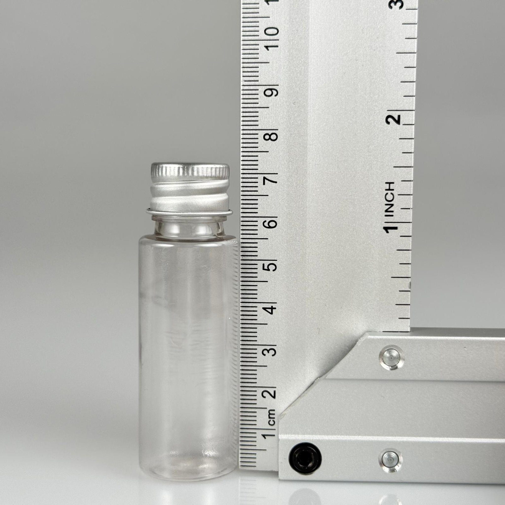 20 CC ŞEFFAF PET SHOT ŞİŞE - KÖPÜK CONTALI GÜMÜŞ ALÜMİNYUM METAL KAPAKLI + KÖR TIPALI TAKIM - 20 ML PLASTİK ŞİŞE