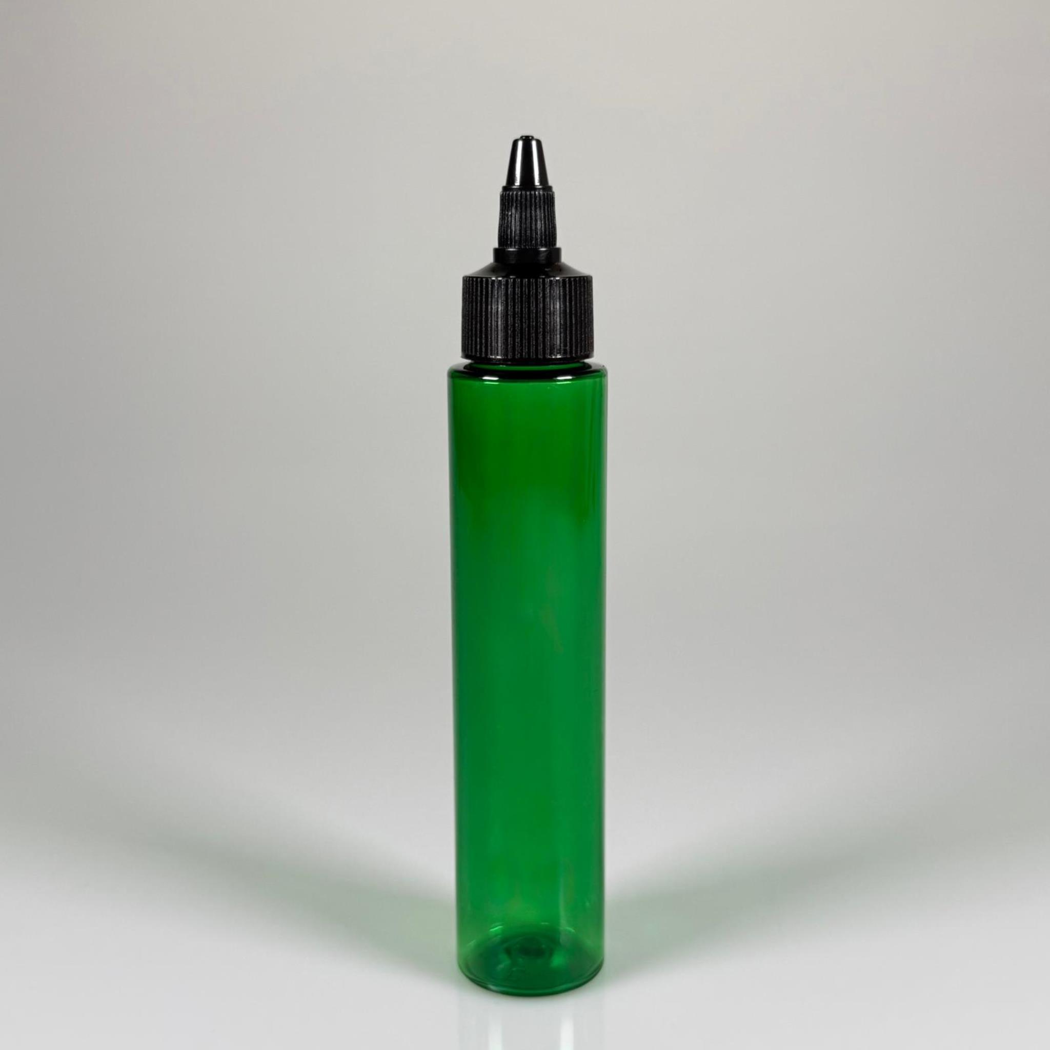 100 CC UZUN SİLİNDİR YEŞİL PET ŞİŞE (24 GR) - SİYAH TWİST SİVRİ ASANSÖR AKITICI KAPAKLI - 100 ML BİBERİYE SUYU, LAVANTA YAĞI, SAÇ SERUM, TONİK VB İÇİN PLASTİK KOZMETİK AMBALAJLARI