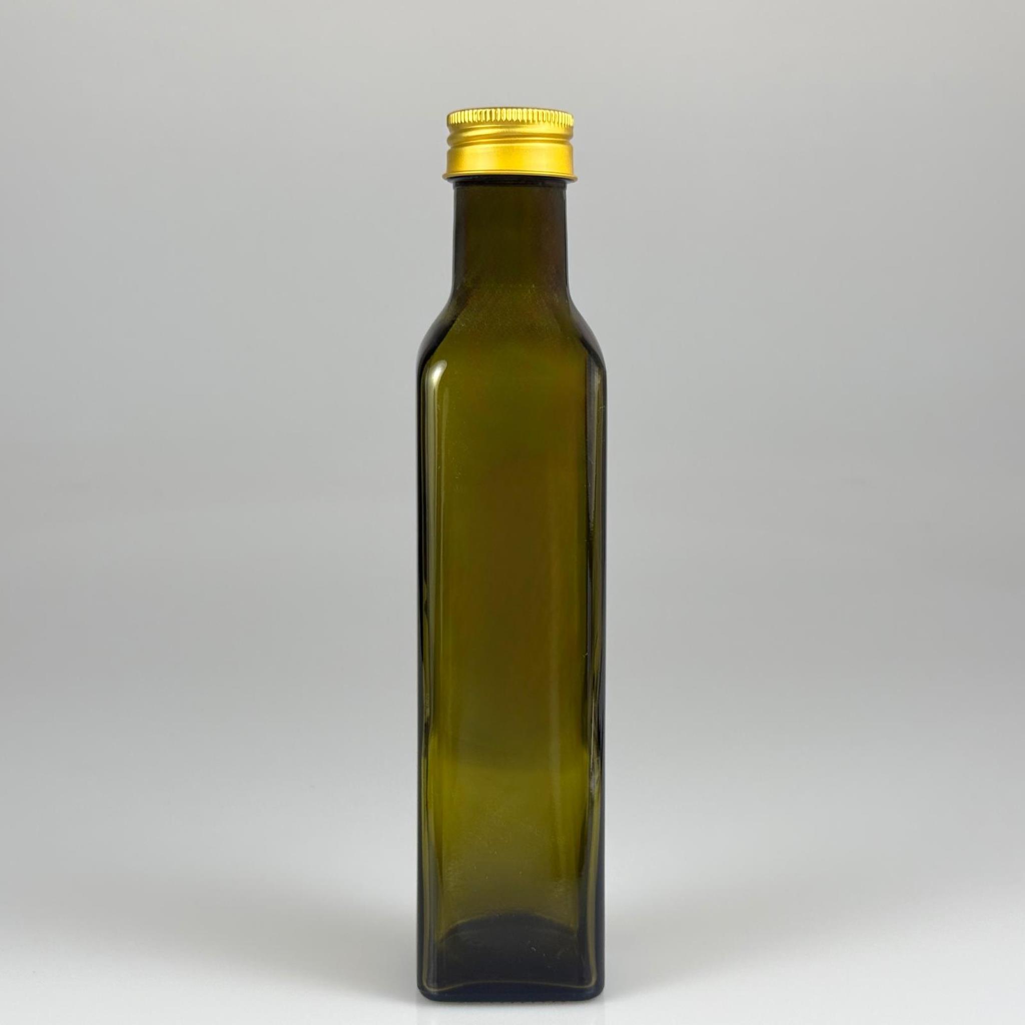 250 CC YEŞİL MARASKA CAM ŞİŞE - GOLD METAL ALÜMİNYUM KAPAKLI - 250 ML KÖŞELİ YAĞ ŞİŞESİ - SİRKE ŞİŞESİ