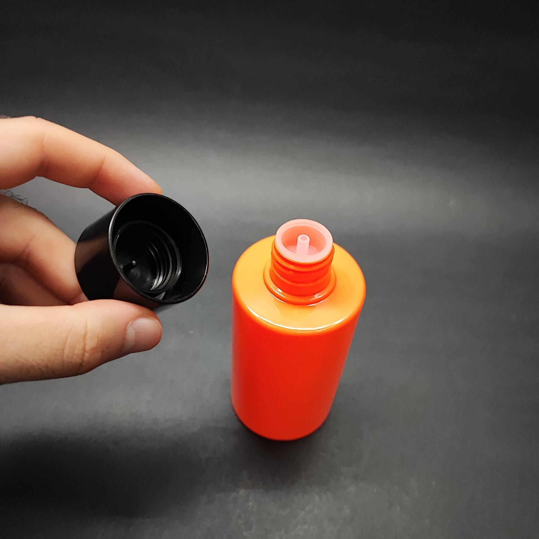 200 CC KÜT BOYUNLU SİLİNDİR PET ŞİŞE (24 GR) - SİYAH KOLONYA LOSYON KAPAK + TIPA - 200 ML PLASTİK ŞİŞE - TURUNCU