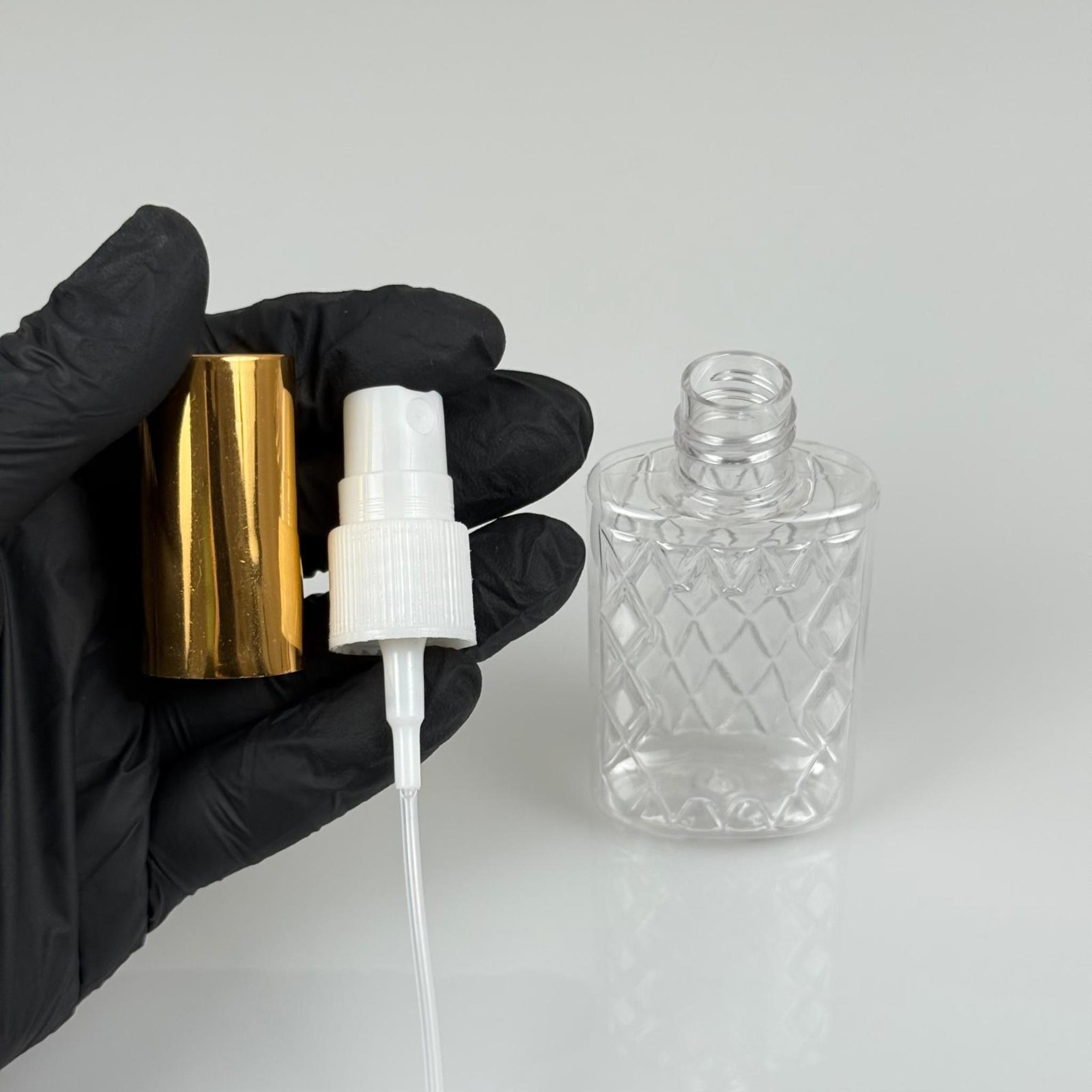 50 ML PET KOLONYA, PARFÜM VB ŞİŞELERİ - METAL ALÜMİNYUM GOLD KAPAK + VİDALI SPREY + 50 CC KÖŞELİ ŞEFFAF ŞİŞE SET TAKIM