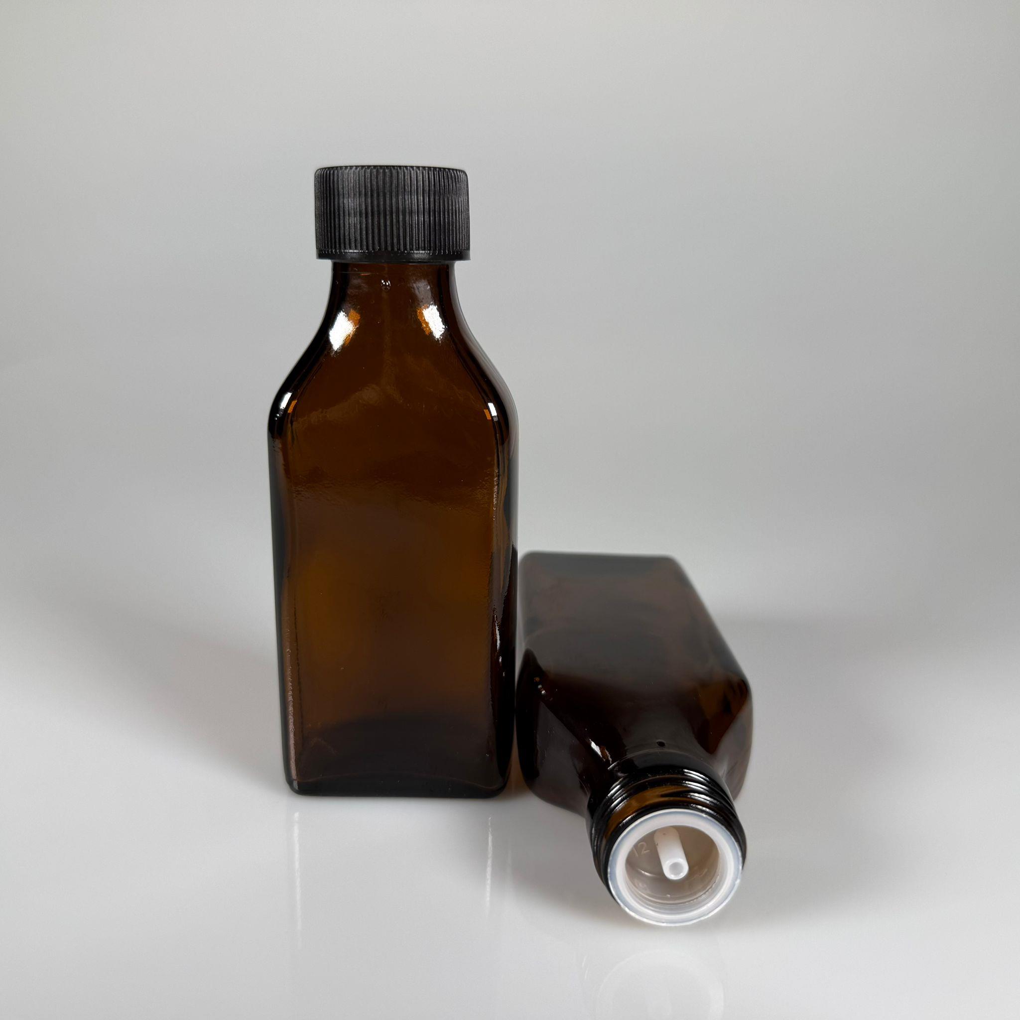 100 ML YASSI DOLUMU KOLAY, GENİŞ AĞIZLI İÇTEN DAMLALIKLI ŞİŞE (28 MM AĞIZ)  - 100 CC SİYAH CONTALI KAPAKLI İÇTEN DAMLALIKLI CAM ECZA ŞİŞESİ - AMBER KAHVERENGİ