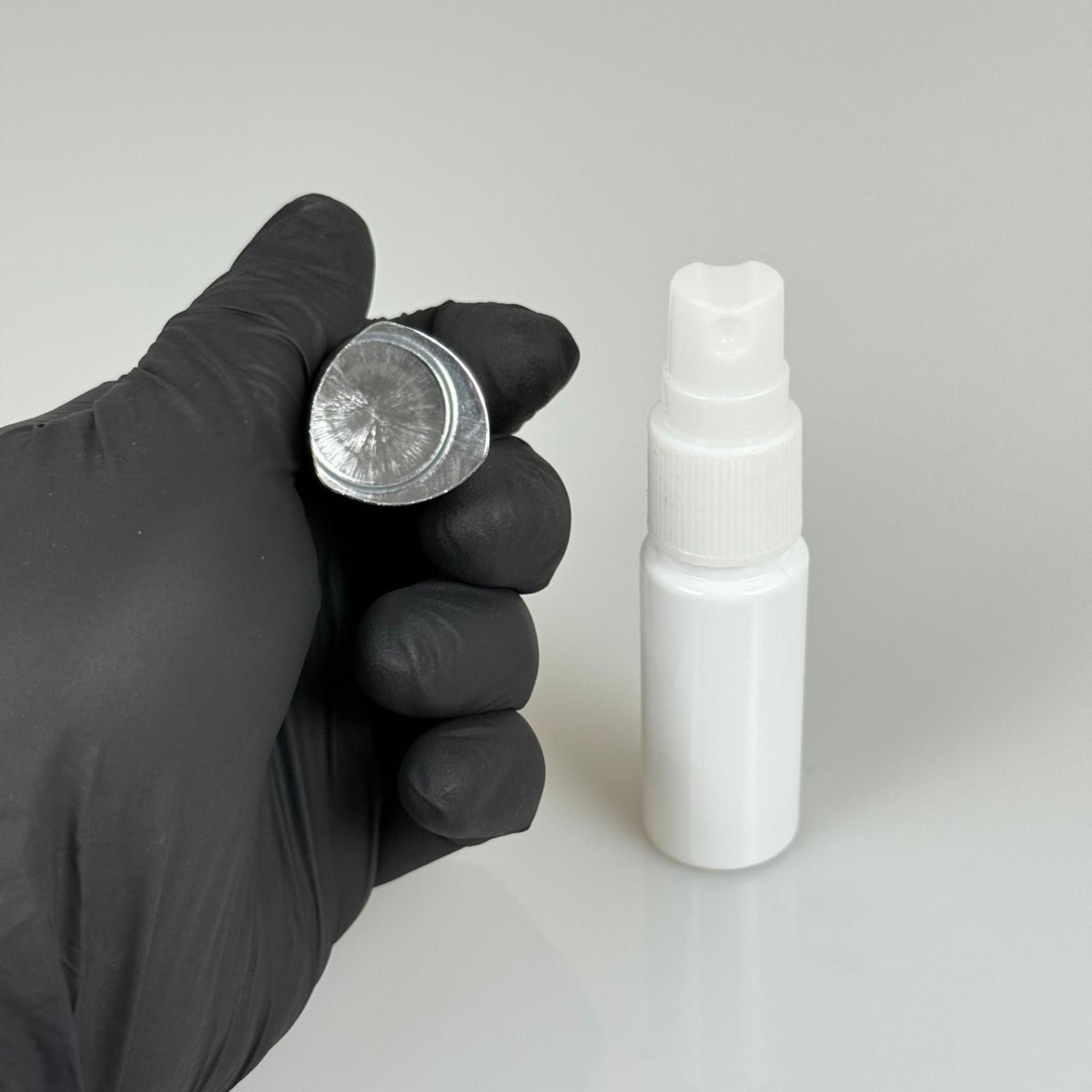 15 ML PET KOLONYA, PARFÜM VB ŞİŞELERİ - METAL ALÜMİNYUM GÜMÜŞ KAPAK + VİDALI SPREY + 15 CC BEYAZ ŞİŞE SET TAKIM