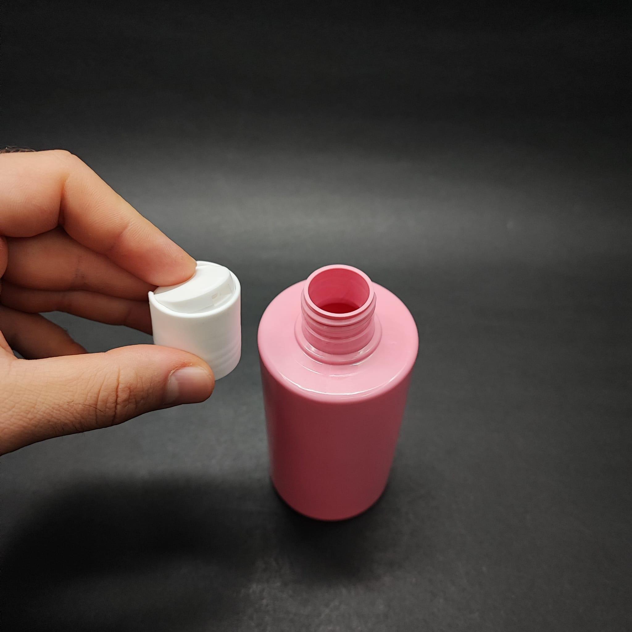 200 CC KÜT BOYUNLU UZUN SİLİNDİR PET ŞİŞE (24 GR) - BEYAZ DİSKTOP ŞAMPUAN KAPAKLI - 200 ML PLASTİK ŞİŞE - PEMBE