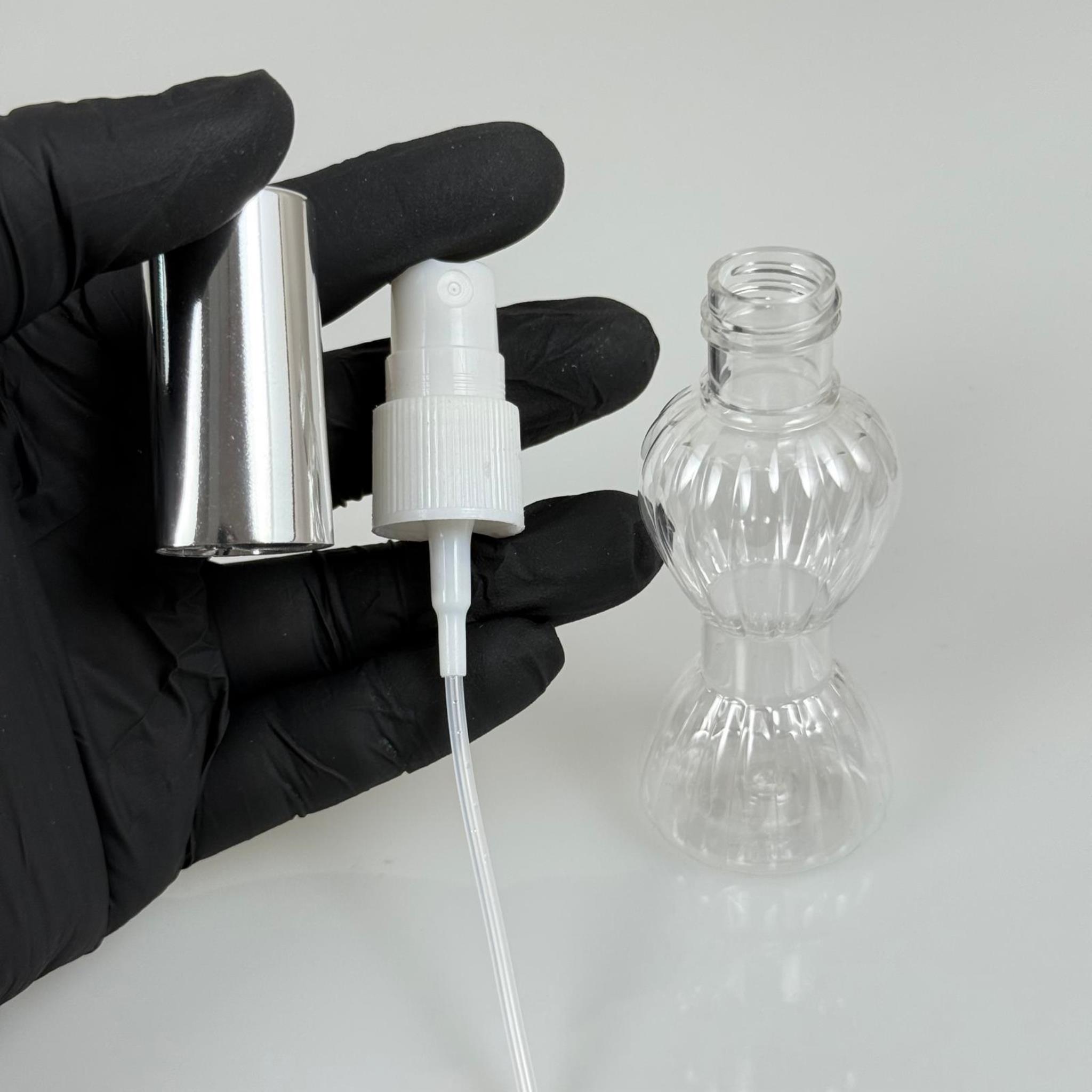 40 ML PET KOLONYA, PARFÜM VB ŞİŞELERİ - METAL ALÜMİNYUM GÜMÜŞ KAPAK + VİDALI SPREY + 40 CC MİNİ PIRLANTA ŞİŞE SET TAKIM