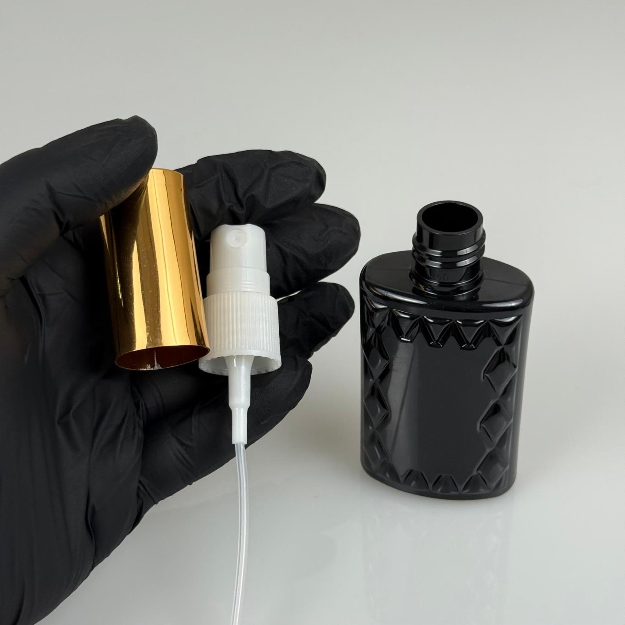 50 ML PET KOLONYA, PARFÜM VB ŞİŞELERİ - METAL ALÜMİNYUM GOLD KAPAK + VİDALI SPREY + 50 CC KÖŞELİ SİYAH ŞİŞE SET TAKIM