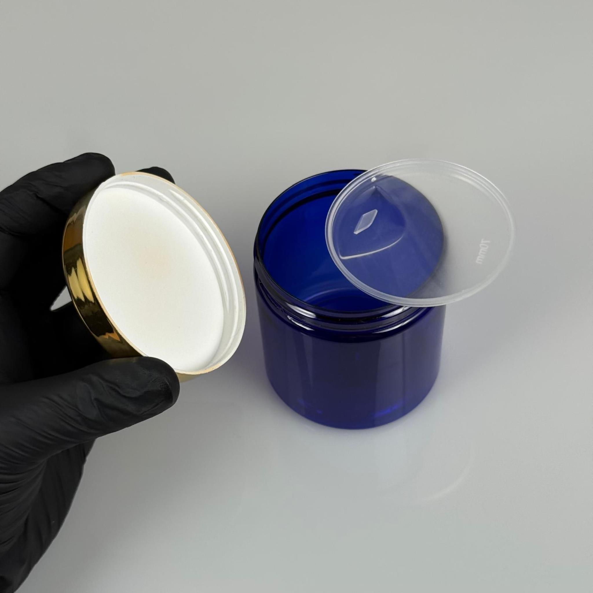 250 ML SERT PET KAVANOZ + GOLD KAPLAMALI PLASTİK KAPAK + İÇ TIPA - 250 CC KALIN MAVİ PLASTİK KAVANOZ GOLD KAPLAMALI PLASTİK KAPAKLI İÇ TIPALI TAKIM - KREM KAVANOZLARI