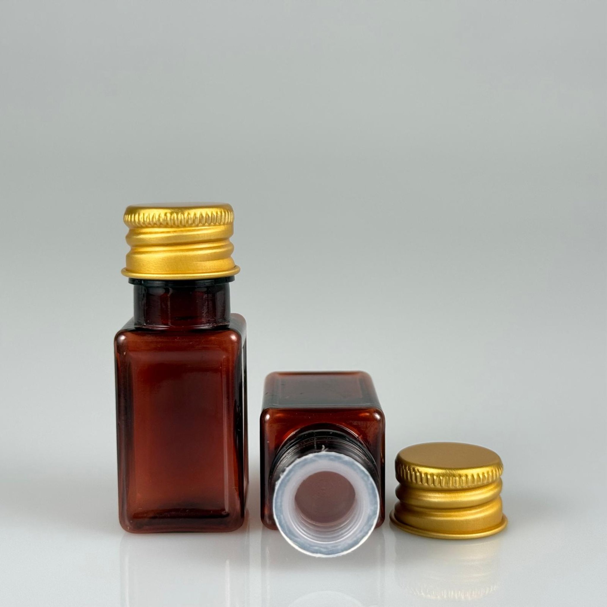 10 CC AMBER KARE PET SHOT ŞİŞE - KÖPÜK CONTALI GOLD ALÜMİNYUM METAL KAPAKLI + KÖR TIPALI TAKIM - 10 ML KAHVERENGİ PLASTİK ŞİŞE