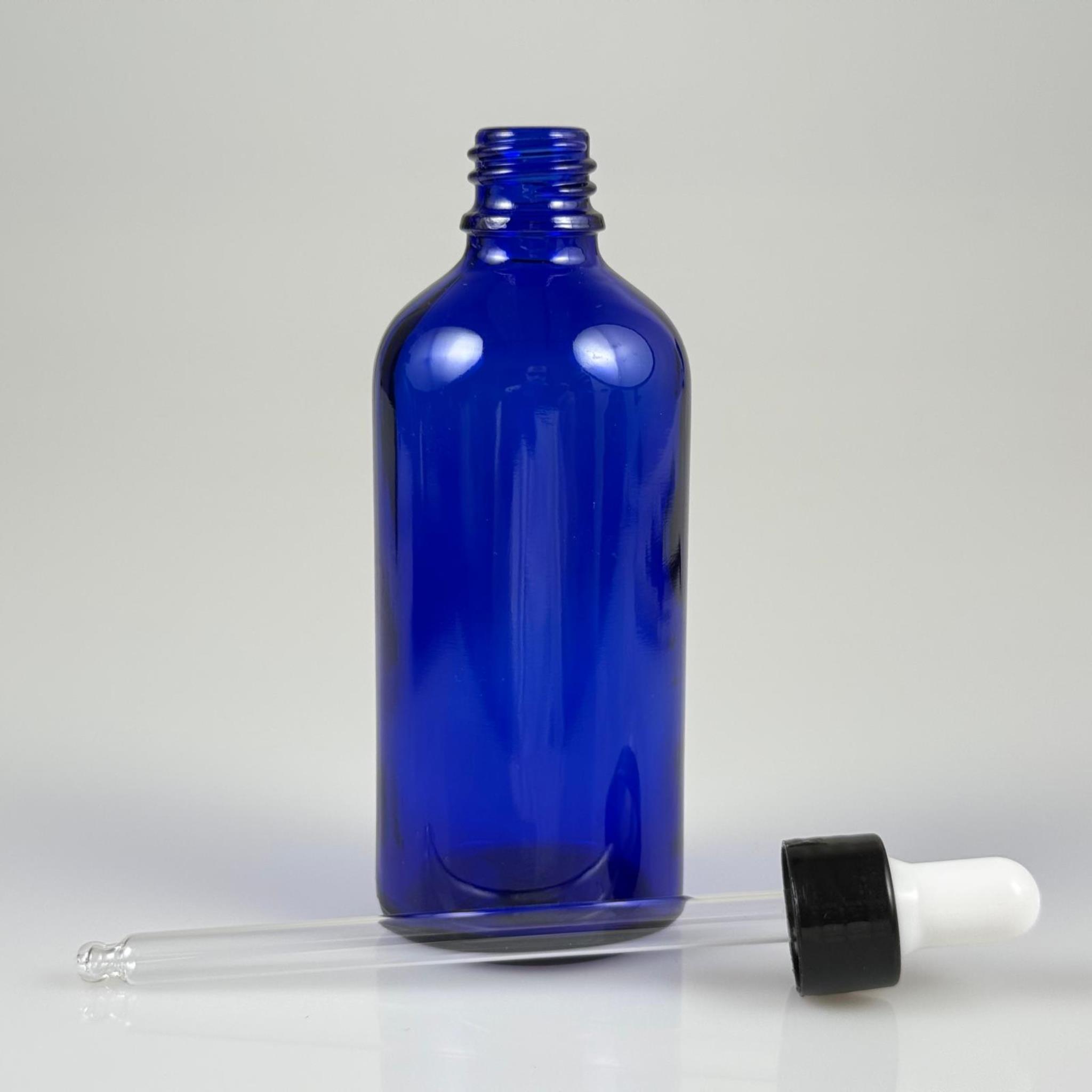 100 CC MAVİ CAM DAMLALIKLI ŞİŞE - BEYAZ  EMZİK + SİYAH DÜZ KAPAK + CAM PİPET TAKIM - 100 ML DAMLALIKLI ŞİŞE SETİ