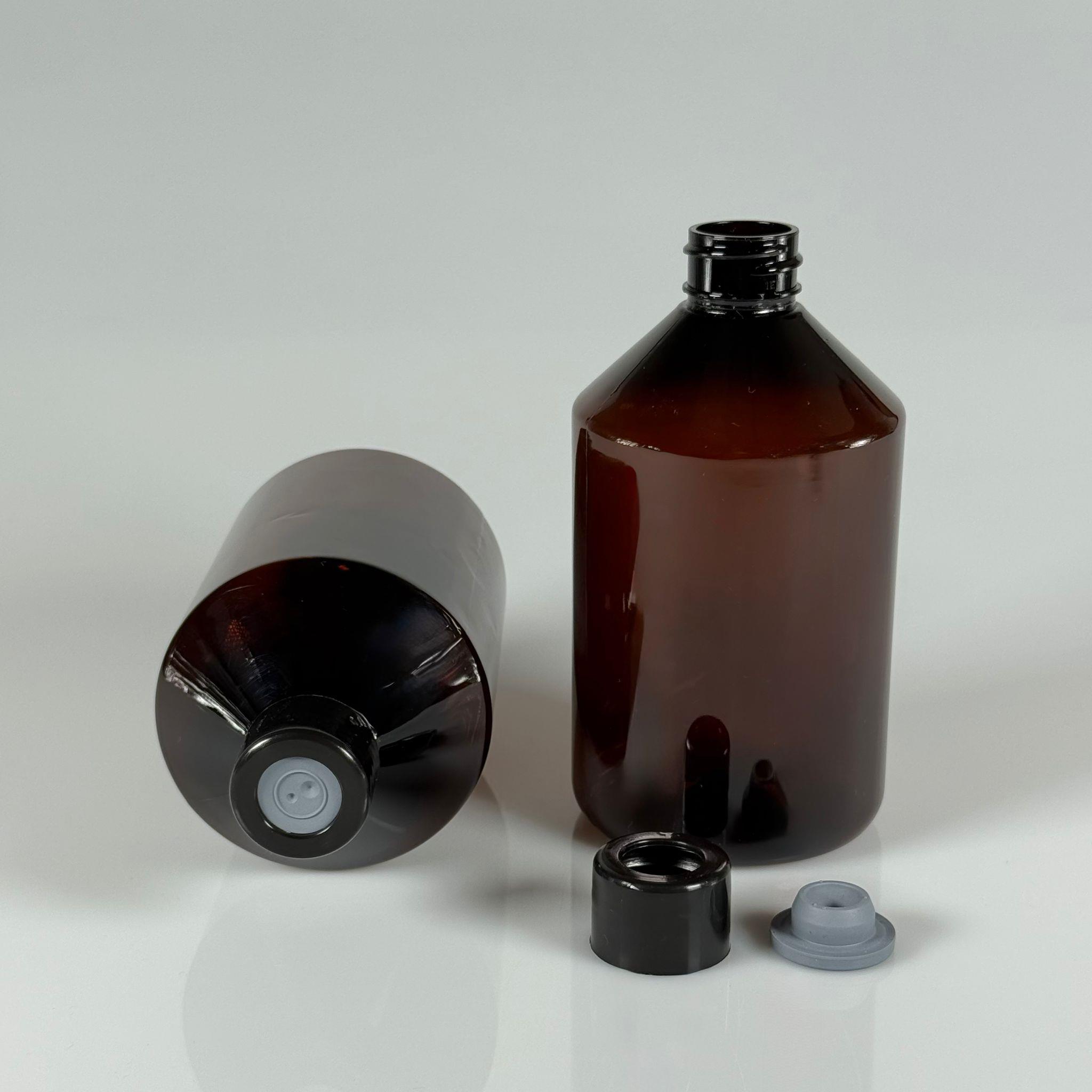 FLAKON ENJEKTÖR SERUM ŞİŞESİ - 500 ML ECZA PLASTİK PET ŞİŞE + VİDALI DELİKLİ KAPAK (ELLE ÇEVİREREK KAPANIR) + KAUÇUK BUTİL TIPA TAKIM