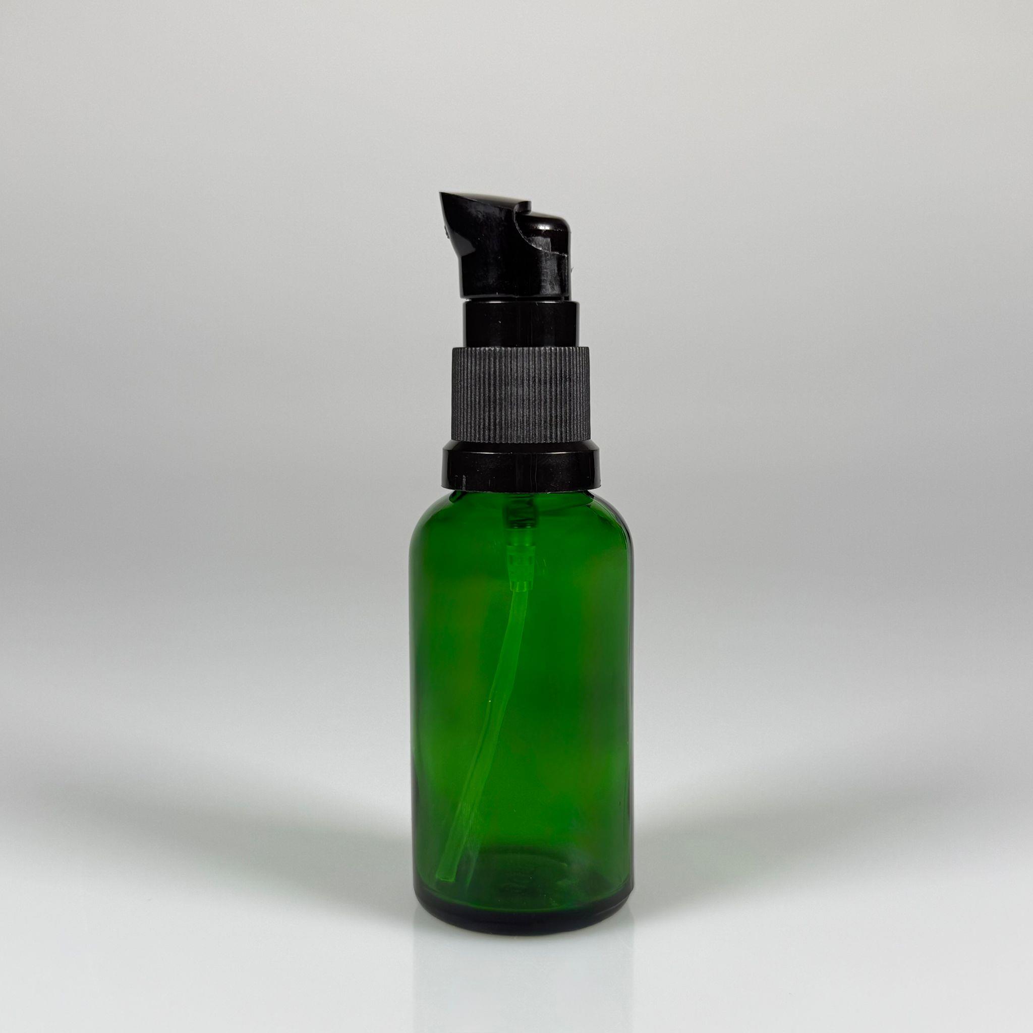 30 CC YEŞİL CAM ŞİŞE - SIZDIRMAZ ETEKLİ SİYAH LOSYON POMPALI TAKIM - 30 ML LOSYON ŞİŞESİ - YAĞ, KREM GİBİ YOĞUN KIVAMLI SIVILAR İÇİN CAM AMBALAJ