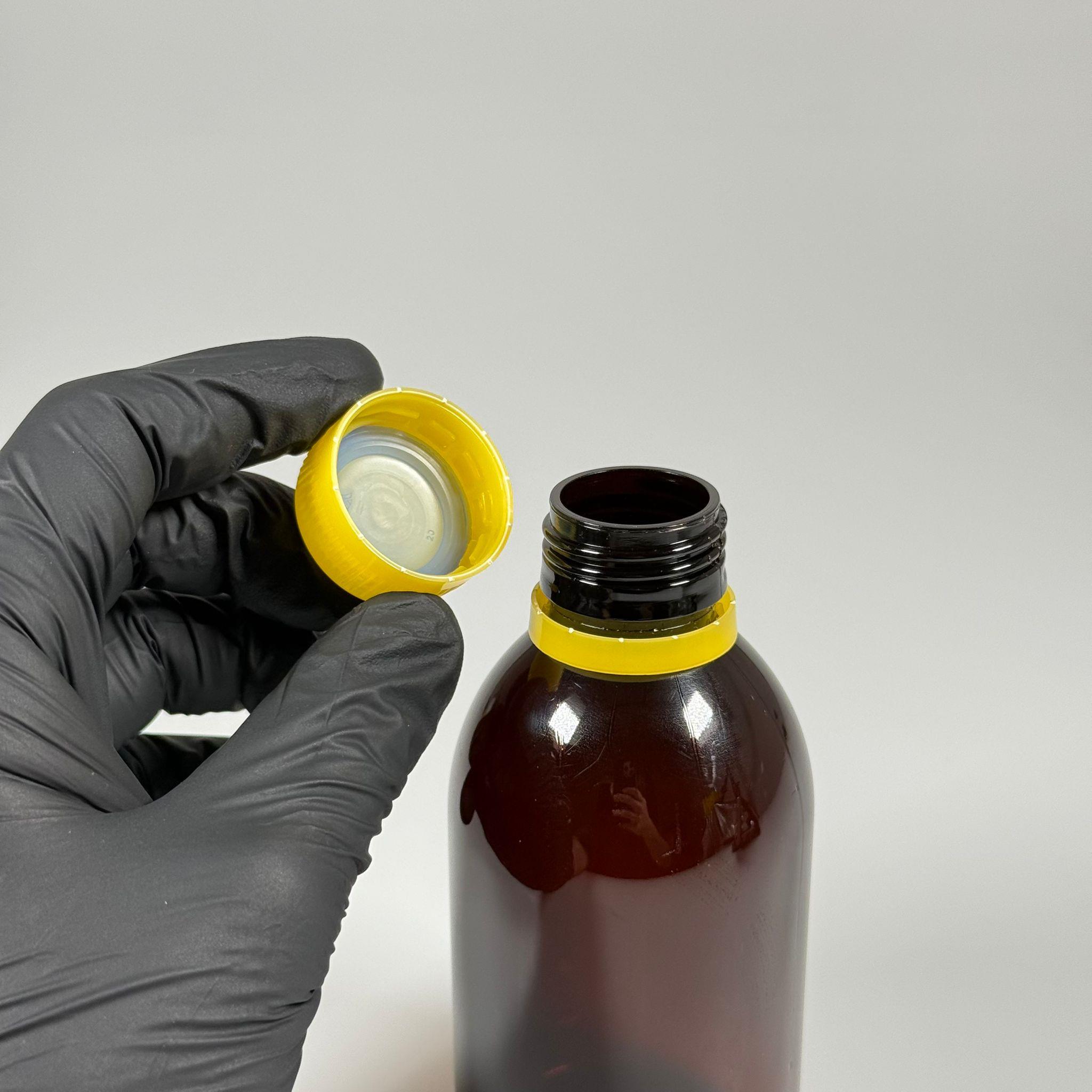 200 CC AMBER PET ECZA ŞİŞESİ - SARI KİLİTLİ CONTALI KAPAKLI  - 200 ML KAHVERENGİ PLASTİK ŞURUP ŞİŞESİ (21 GR)