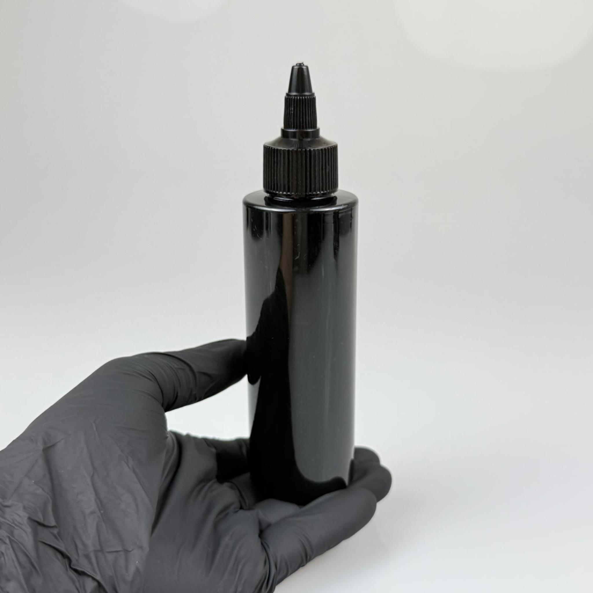 YAĞ, SOS, ACI SOS, SİRKE, SRIRACHA, MÜREKKEP, TUTKAL AKITICI VB BOŞ ŞİŞELERİ - SİYAH SİVRİ TWİST AKITICI KAPAK + 150 ML SİYAH SERT PET PLASTİK ŞİŞE TAKIM