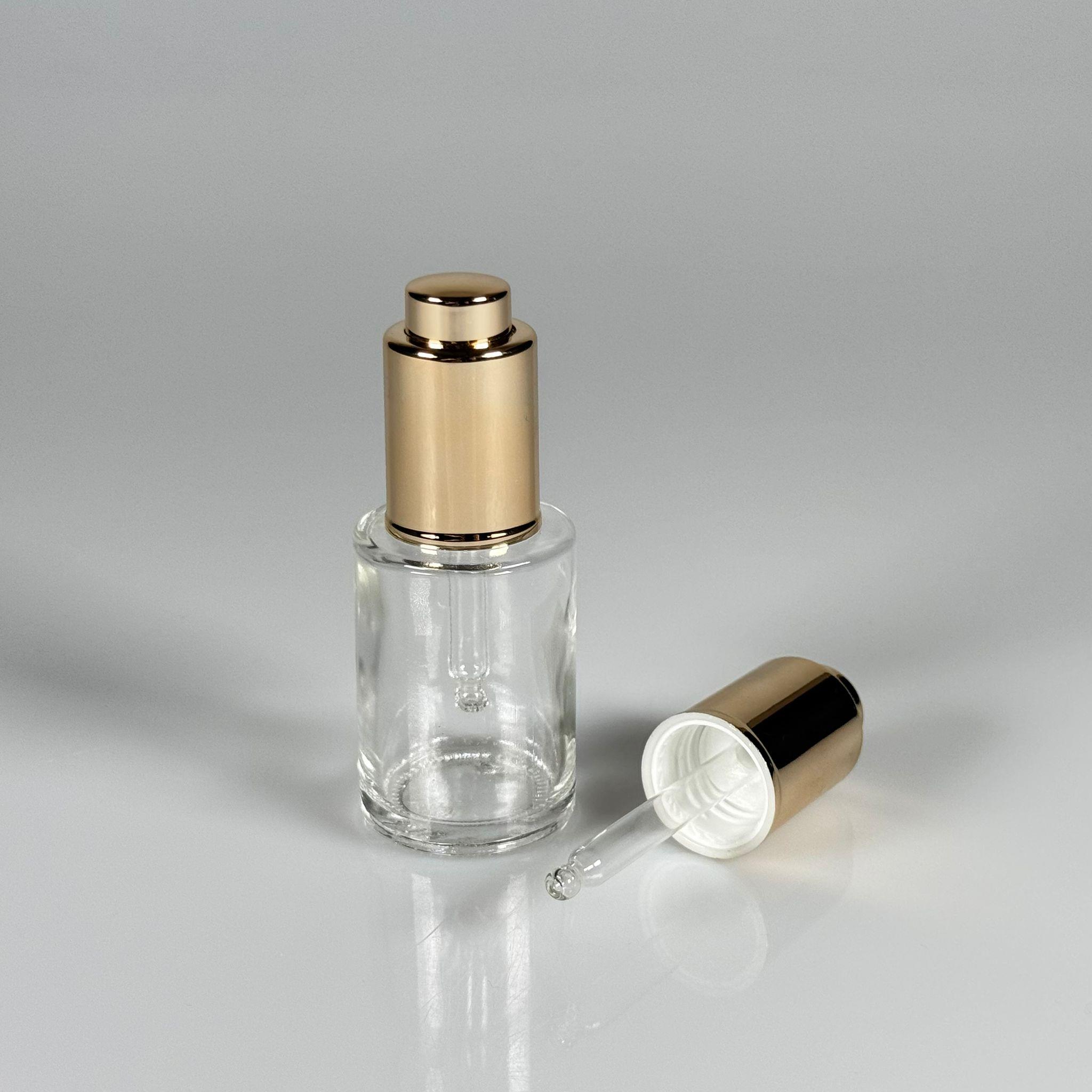 30 CC OMUZLU ŞEFFAF CAM ŞİŞE - LÜX GOLD BASMALI CAM DAMLALIKLI TAKIM (DAMLALIĞIN İÇİNDE SIZDIRMAZ CONTA MEVCUTTUR) - 30 ML KÜT BOYUNLU CAM SERUM ŞİŞESİ