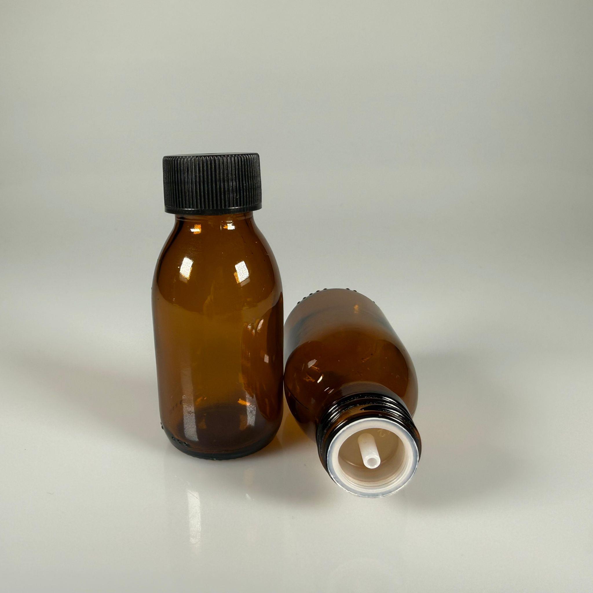 75 ML DOLUMU KOLAY, GENİŞ AĞIZLI İÇTEN DAMLALIKLI ŞİŞE (28 MM AĞIZ)  - 75 CC SİYAH CONTALI KAPAKLI İÇTEN DAMLALIKLI CAM ECZA ŞİŞESİ - AMBER KAHVERENGİ