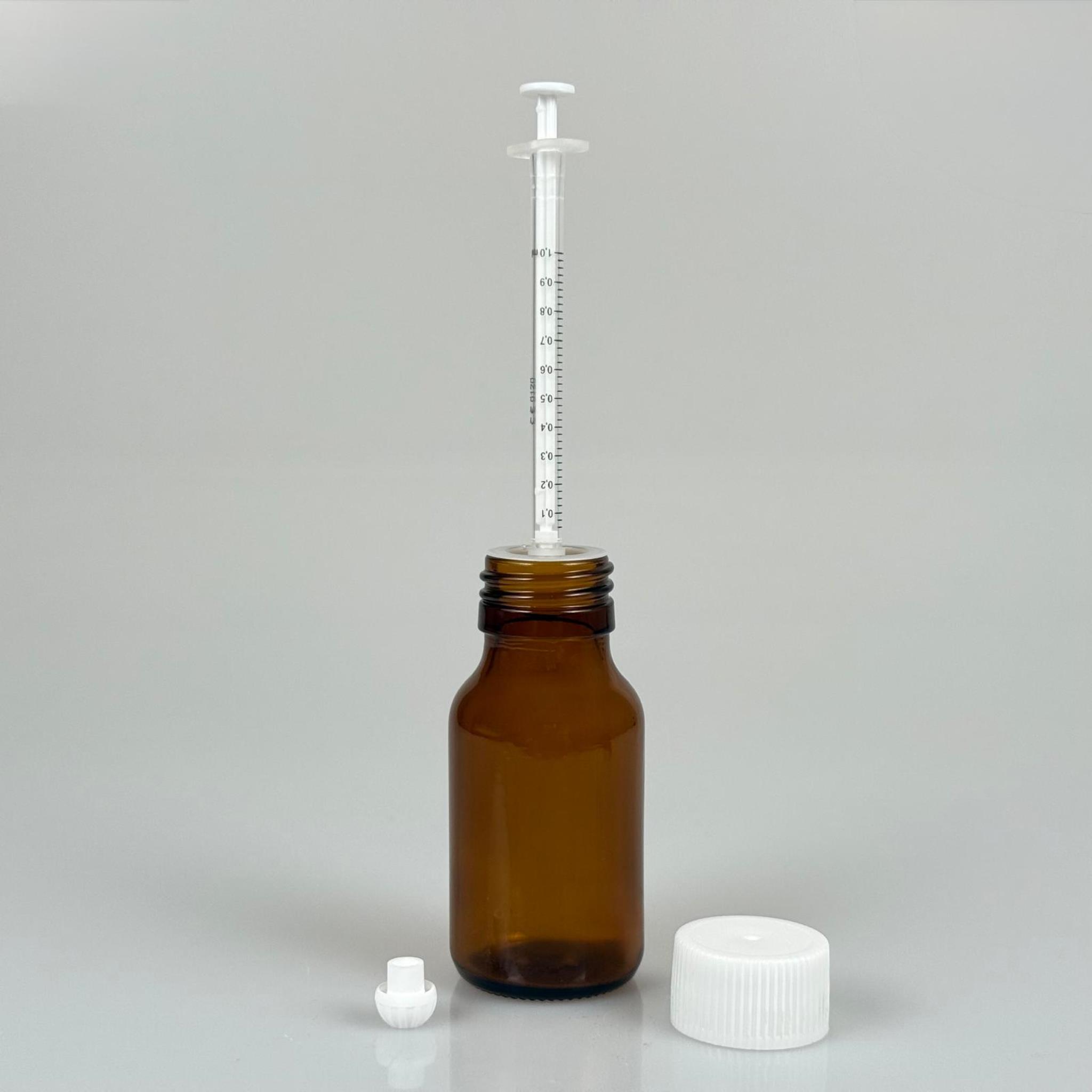 50 ML CAM ECZA ŞİŞESİ + 1 ML DOZAJ PİPETİ + DOZAJ TIPASI + CONTALI PLASTİK KAPAK TAKIM
