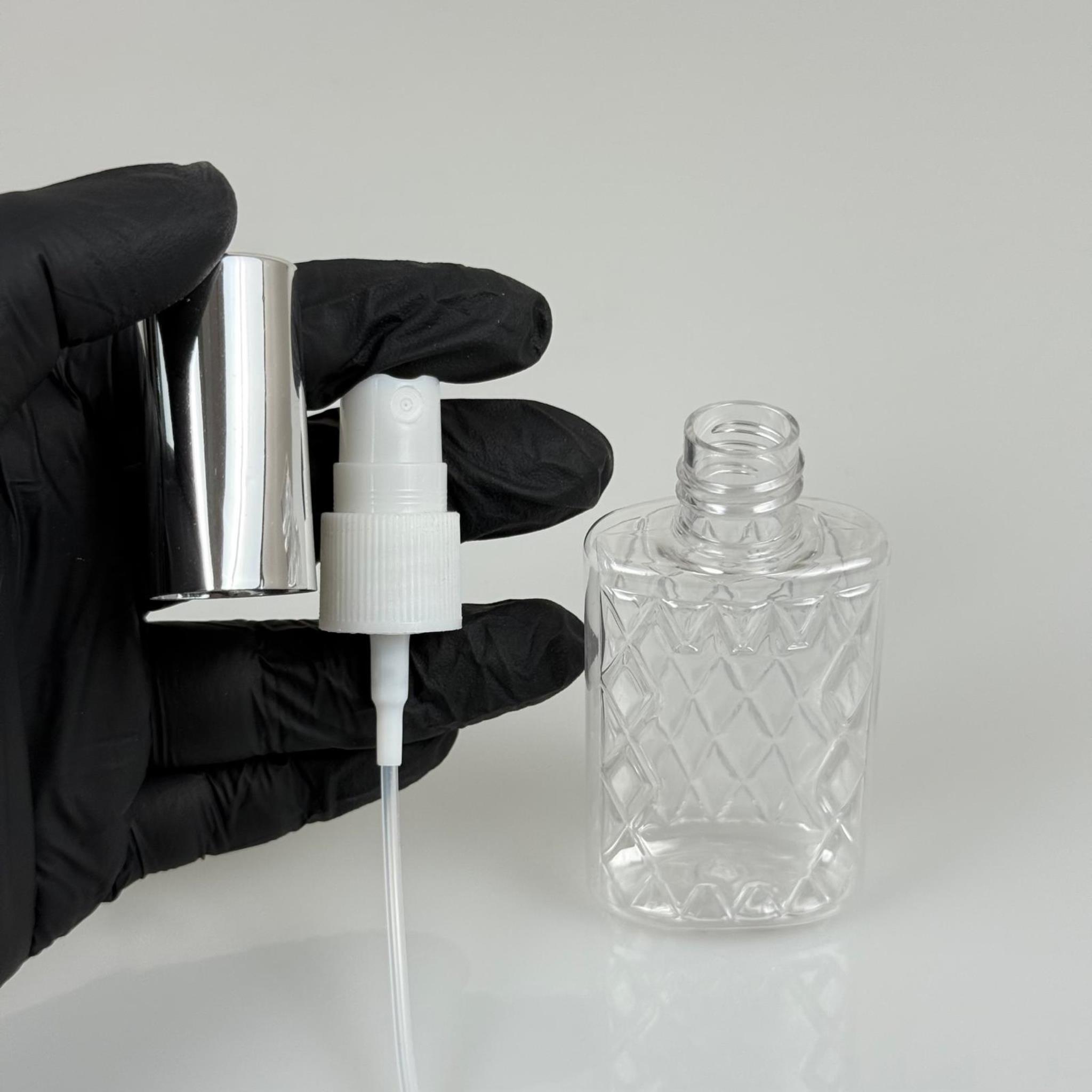 50 ML PET KOLONYA, PARFÜM VB ŞİŞELERİ - METAL ALÜMİNYUM GÜMÜŞ KAPAK + VİDALI SPREY + 50 CC KÖŞELİ ŞEFFAF ŞİŞE SET TAKIM