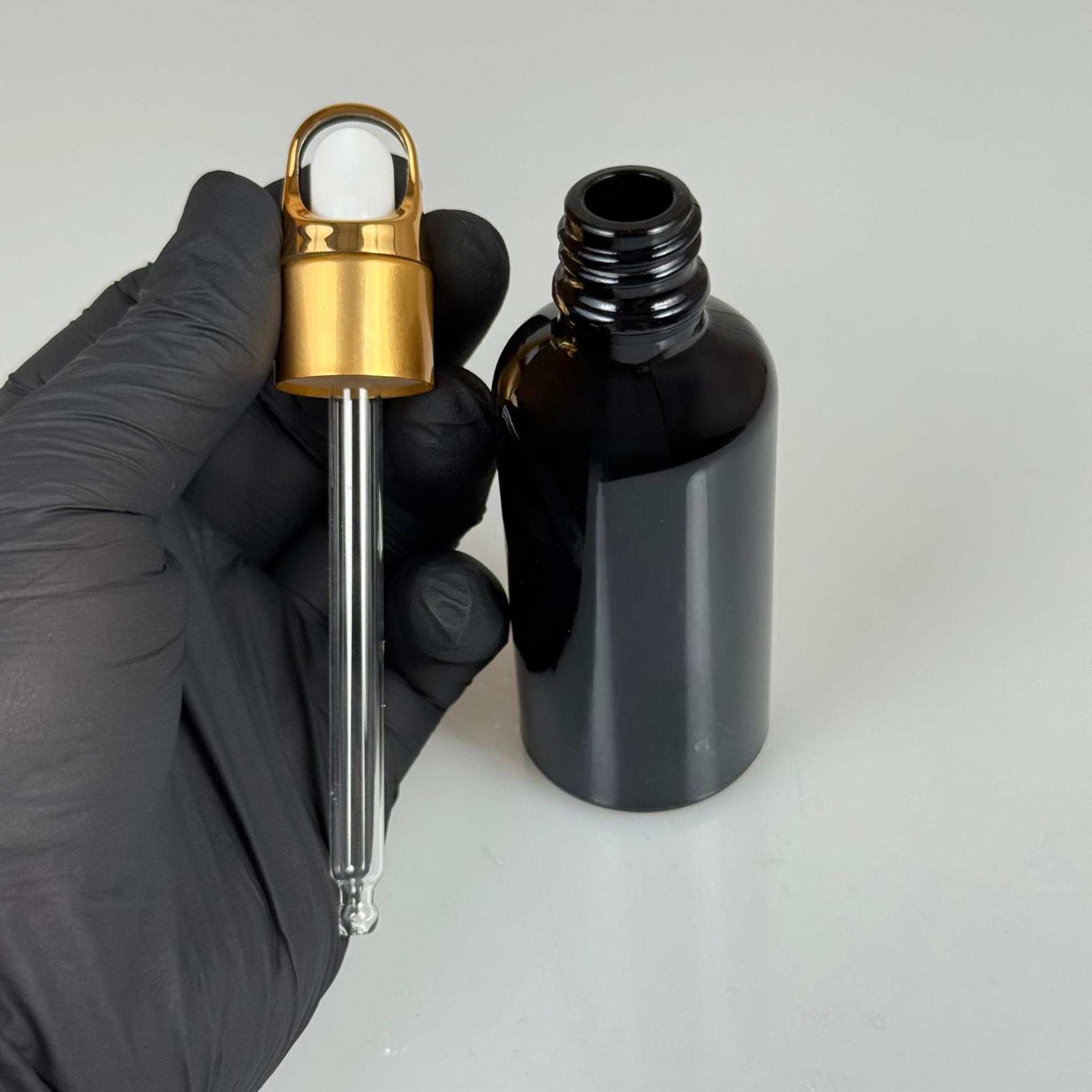 50 CC SİYAH CAM DAMLALIKLI ŞİŞE - BEYAZ EMZİK - GOLD FLOWER SEPET MODEL METALİK KAPAK - 50 ML CAM DAMLALIKLI ŞİŞE