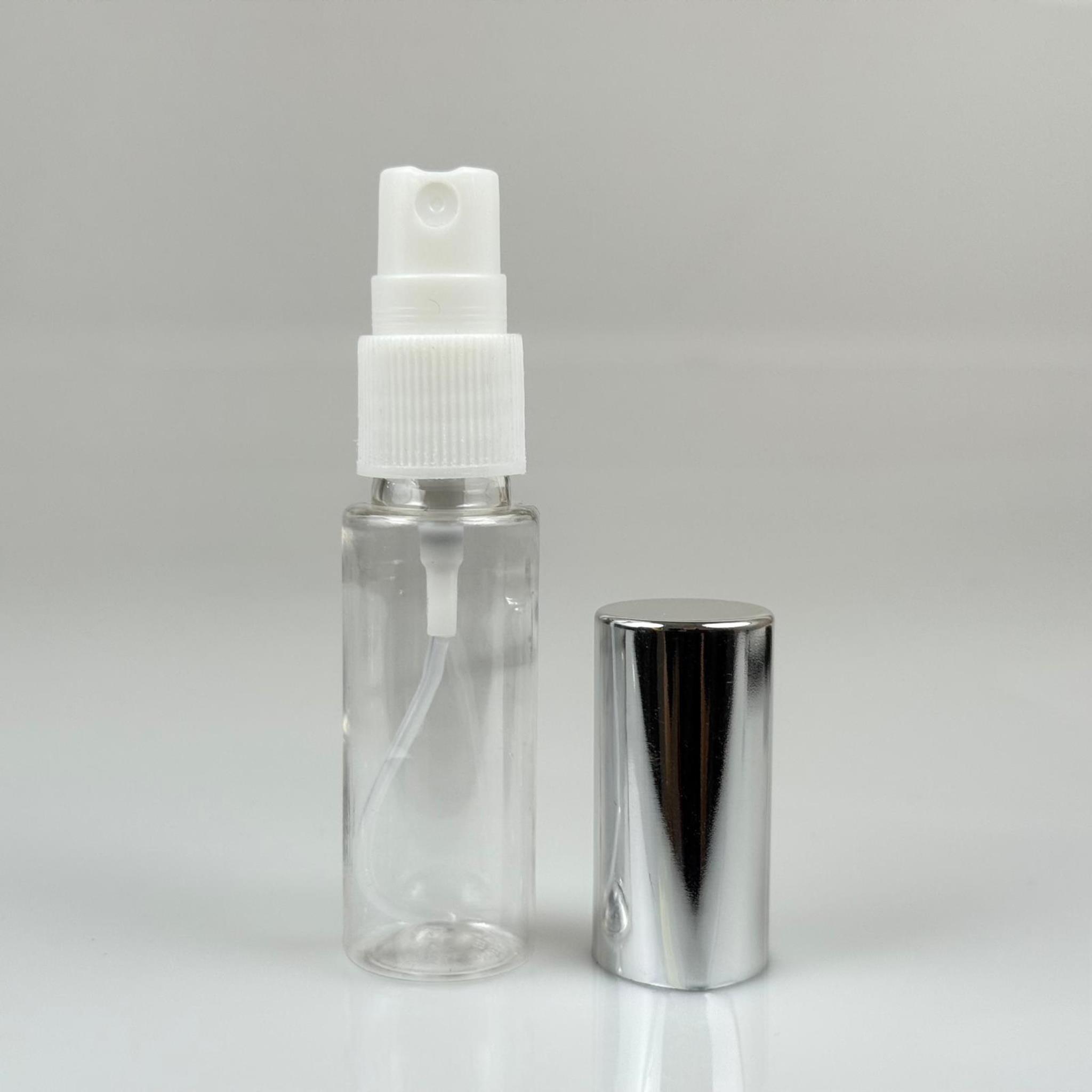 20 ML PET KOLONYA, PARFÜM VB ŞİŞELERİ - METAL ALÜMİNYUM GÜMÜŞ KAPAK + VİDALI SPREY + 20 CC UZUN MODEL ŞİŞE SET TAKIM