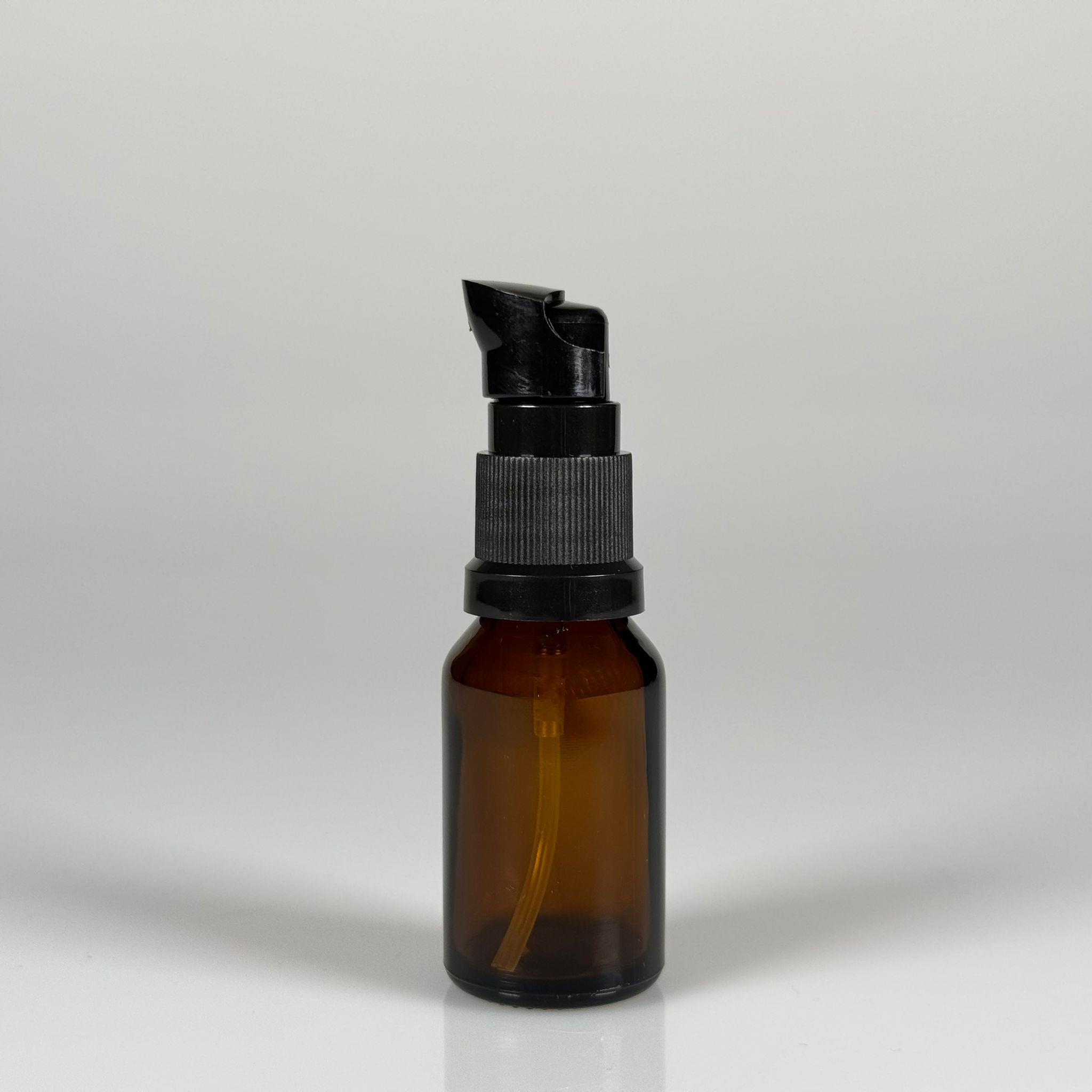 15 CC AMBER CAM ŞİŞE - SIZDIRMAZ ETEKLİ SİYAH LOSYON POMPALI TAKIM - 15 ML LOSYON ŞİŞESİ - YAĞ, KREM GİBİ YOĞUN KIVAMLI SIVILAR İÇİN CAM AMBALAJ