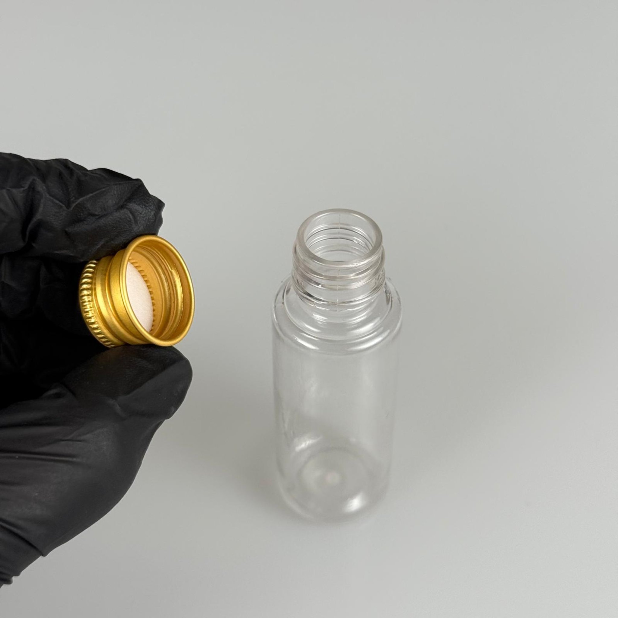 30 CC ŞEFFAF  PET SHOT ŞİŞE - KÖPÜK CONTALI GOLD ALÜMİNYUM METAL KAPAKLI TAKIM - 30 ML PLASTİK ŞİŞE