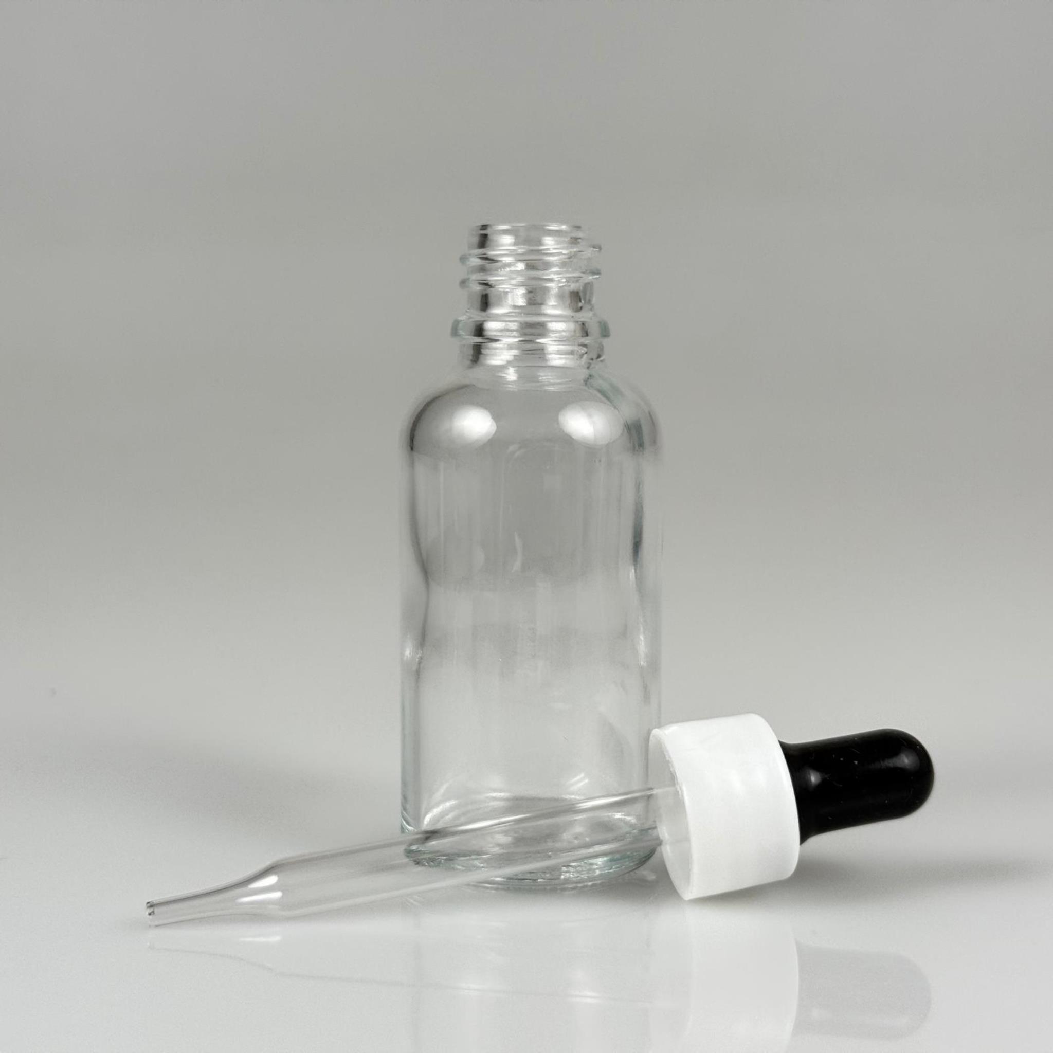 30 CC ŞEFFAF İNCE UÇLU CAM DAMLALIKLI ŞİŞE - SİYAH EMZİK + BEYAZ DÜZ KAPAK + CAM PİPET TAKIM - 30 ML ŞEFFAF DAMLALIKLI ŞİŞE SETİ