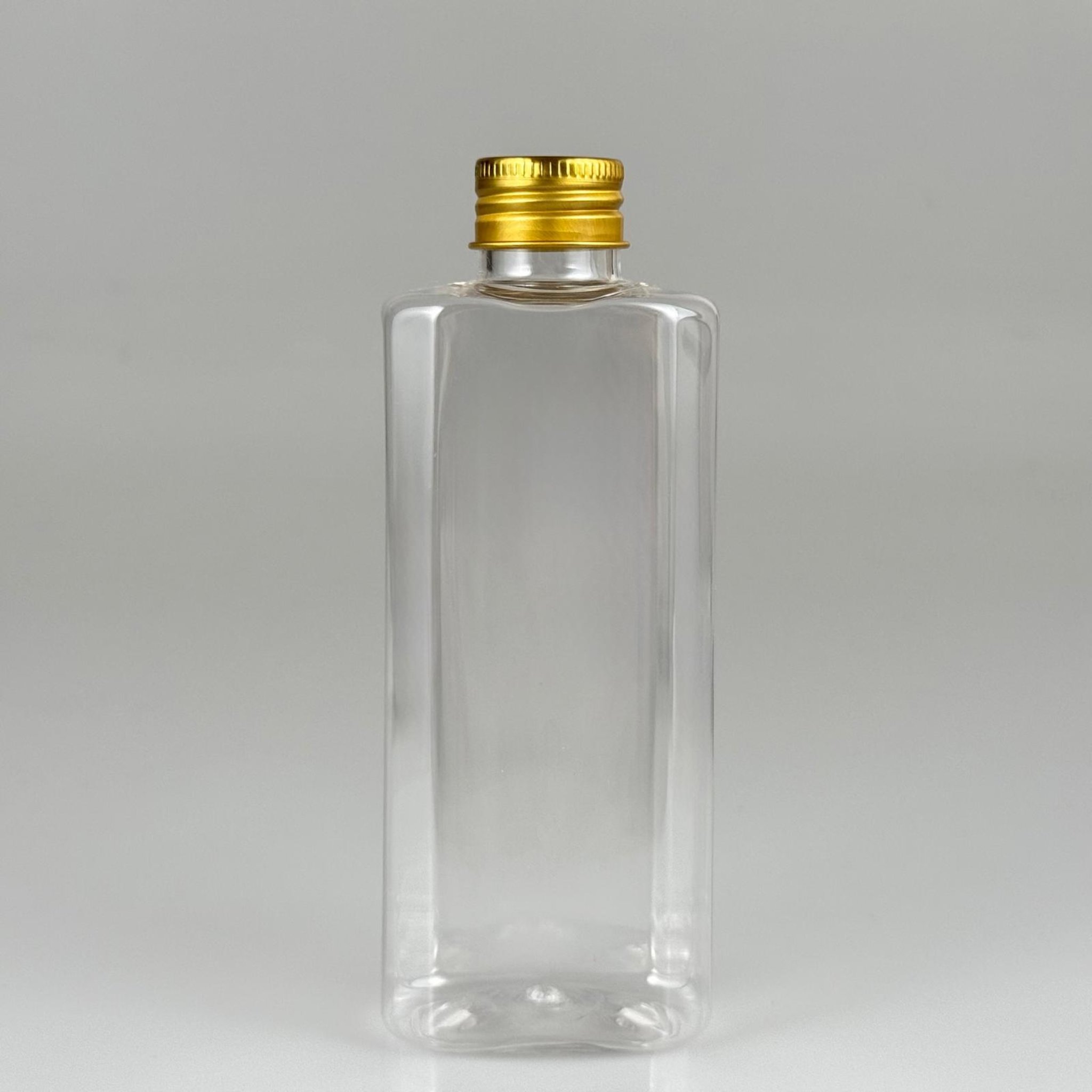 200 CC YASSI MODEL ŞEFFAF PET ŞİŞE (24 AĞIZ) + KÖPÜK CONTALI GOLD METAL ALÜMİNYUM KAPAK TAKIM - 200 ML KAPAKLI PLASTİK ŞİŞELER