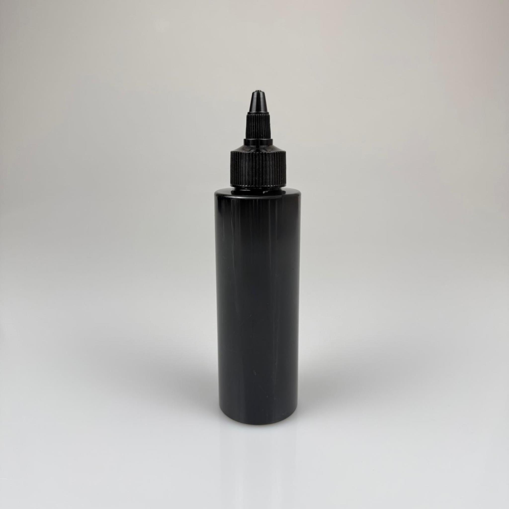 YAĞ, SOS, ACI SOS, SİRKE, SRIRACHA, MÜREKKEP, TUTKAL AKITICI VB BOŞ ŞİŞELERİ - SİYAH SİVRİ TWİST AKITICI KAPAK + 150 ML SİYAH SERT PET PLASTİK ŞİŞE TAKIM