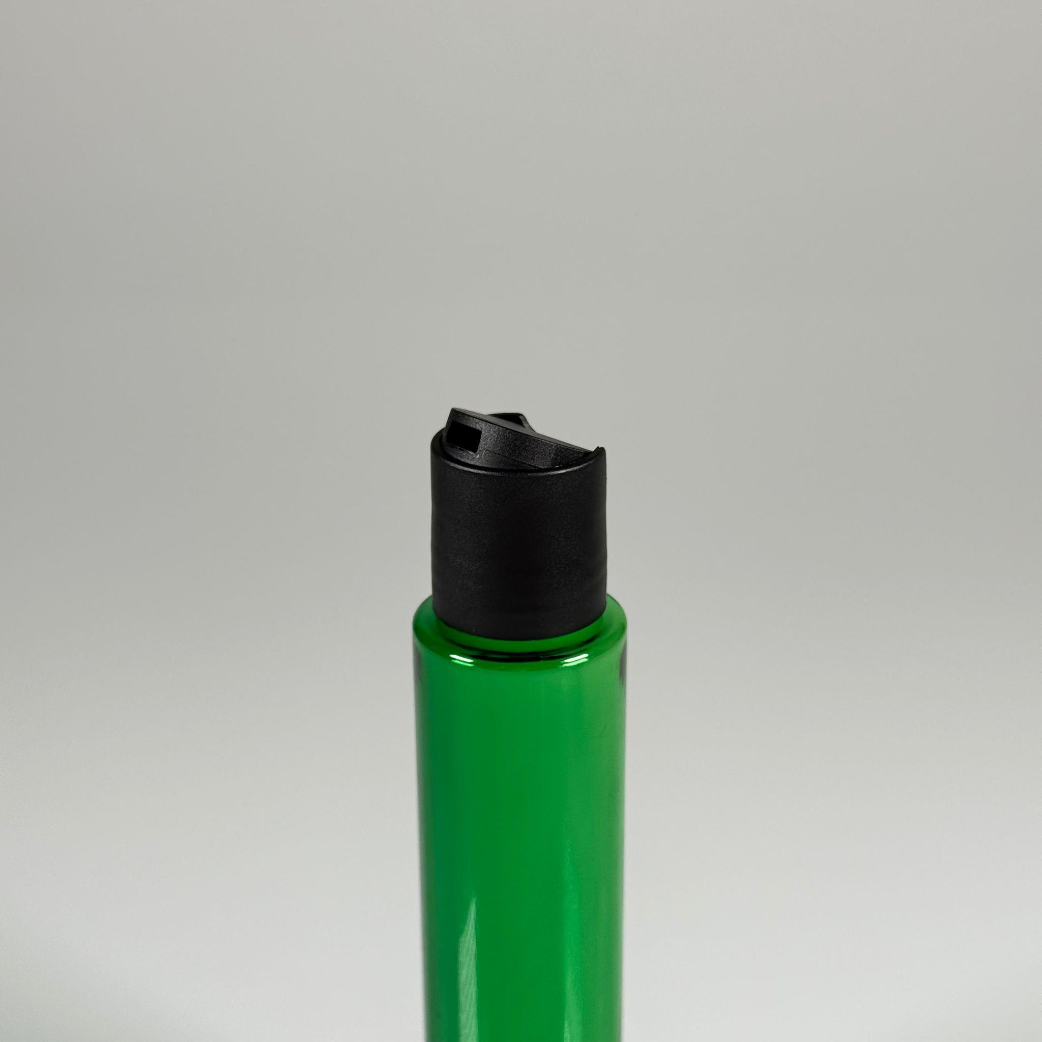 100 CC UZUN SİLİNDİR YEŞİL PET ŞİŞE (24 GR) - SİYAH DİSKTOP AKITICI ŞAMPUAN KAPAKLI - 100 ML BİBERİYE SUYU, LAVANTA YAĞI, SAÇ SERUM, TONİK VB İÇİN PLASTİK KOZMETİK AMBALAJLARI