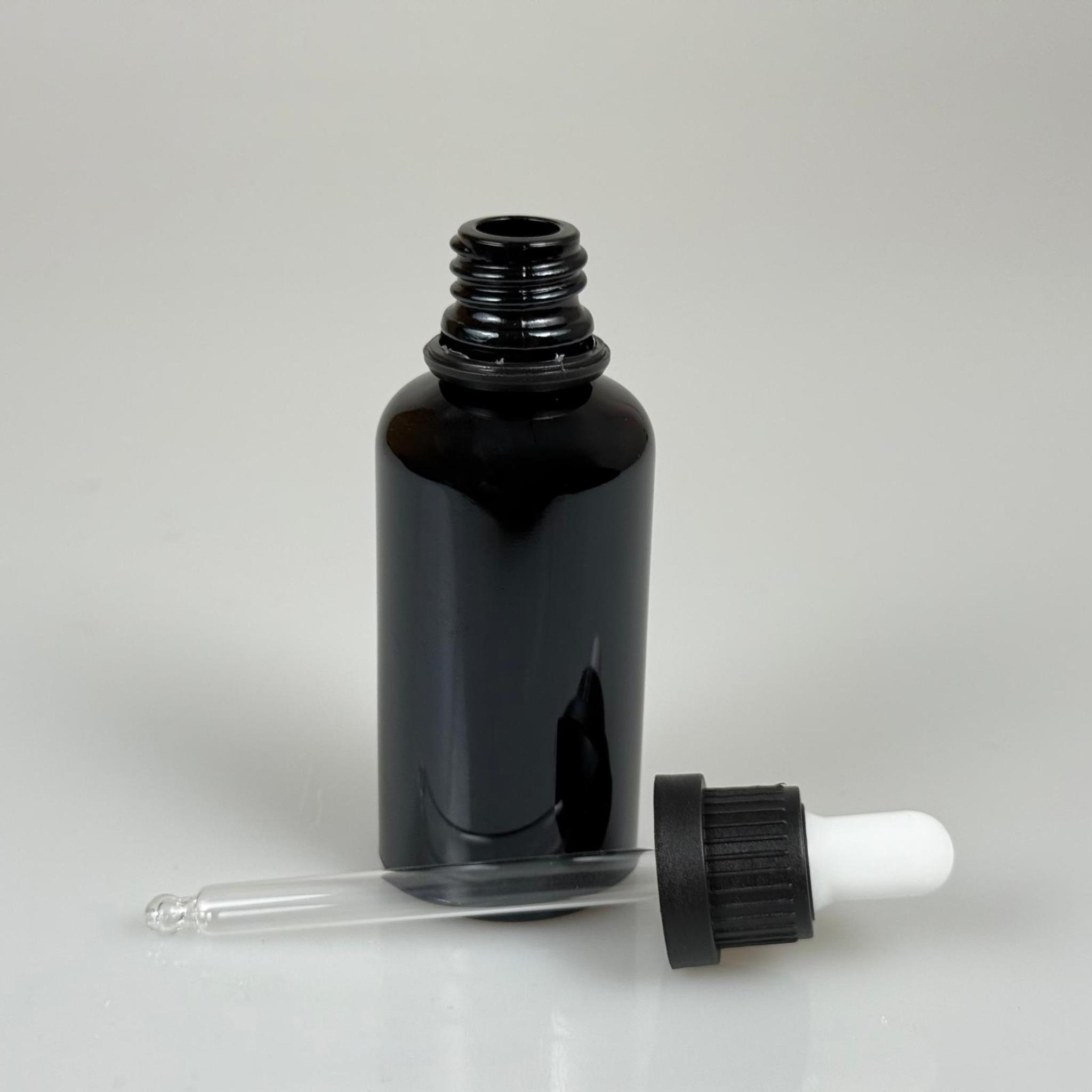50 CC SİYAH CAM DAMLALIKLI ŞİŞE - BEYAZ EMZİK - SİYAH PLASTİK KİLİTLİ KAPAK - 50 ML SİYAH CAM DAMLALIKLI ŞİŞE