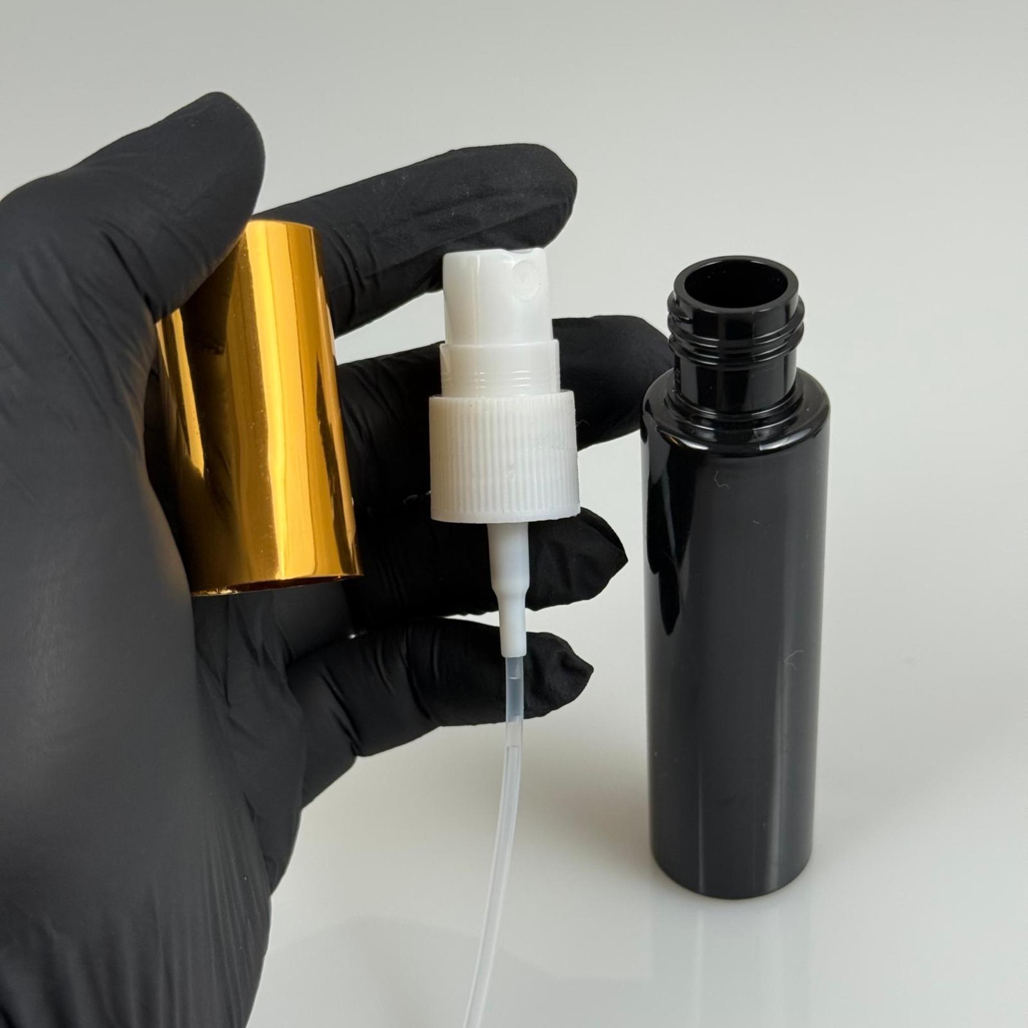 35 ML PET KOLONYA, PARFÜM VB ŞİŞELERİ - METAL ALÜMİNYUM GOLD KAPAK + VİDALI SPREY + 35 CC SİYAH ŞİŞE SET TAKIM