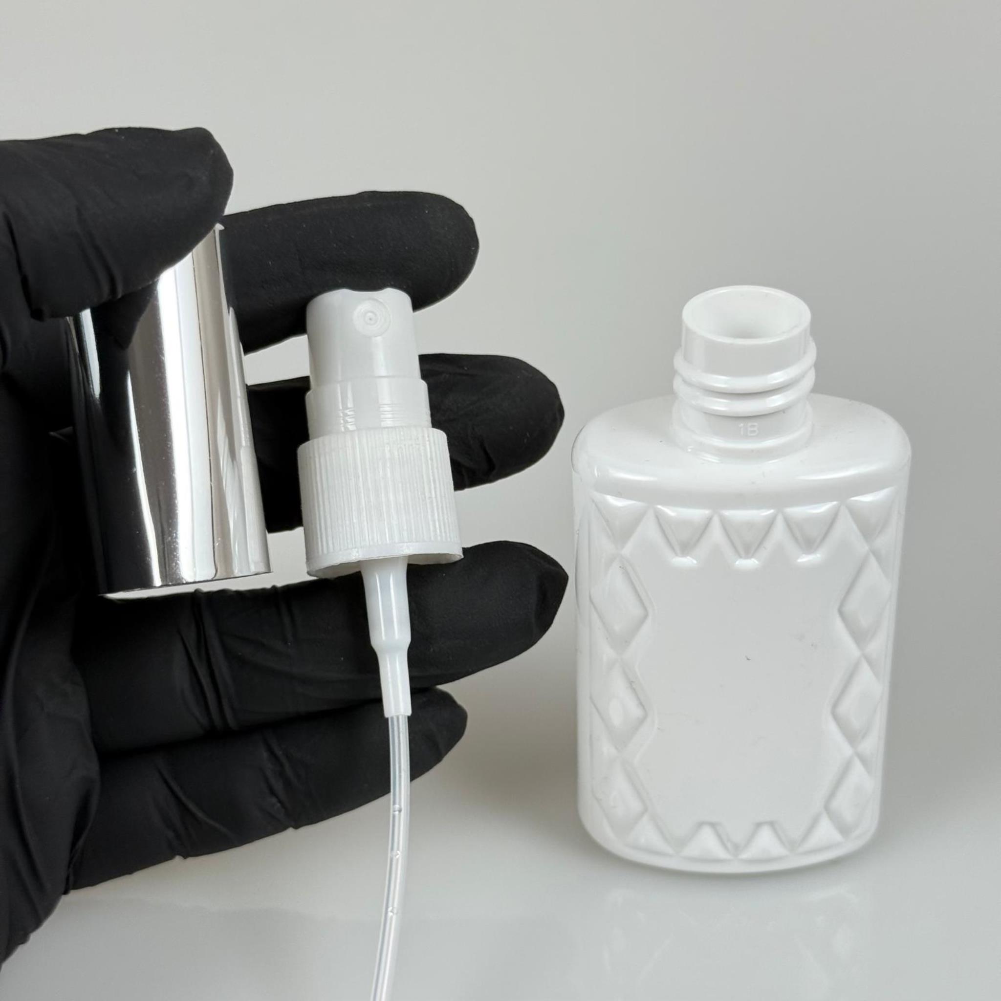 50 ML PET KOLONYA, PARFÜM VB ŞİŞELERİ - METAL ALÜMİNYUM GÜMÜŞ KAPAK + VİDALI SPREY + 50 CC KÖŞELİ BEYAZ ŞİŞE SET TAKIM
