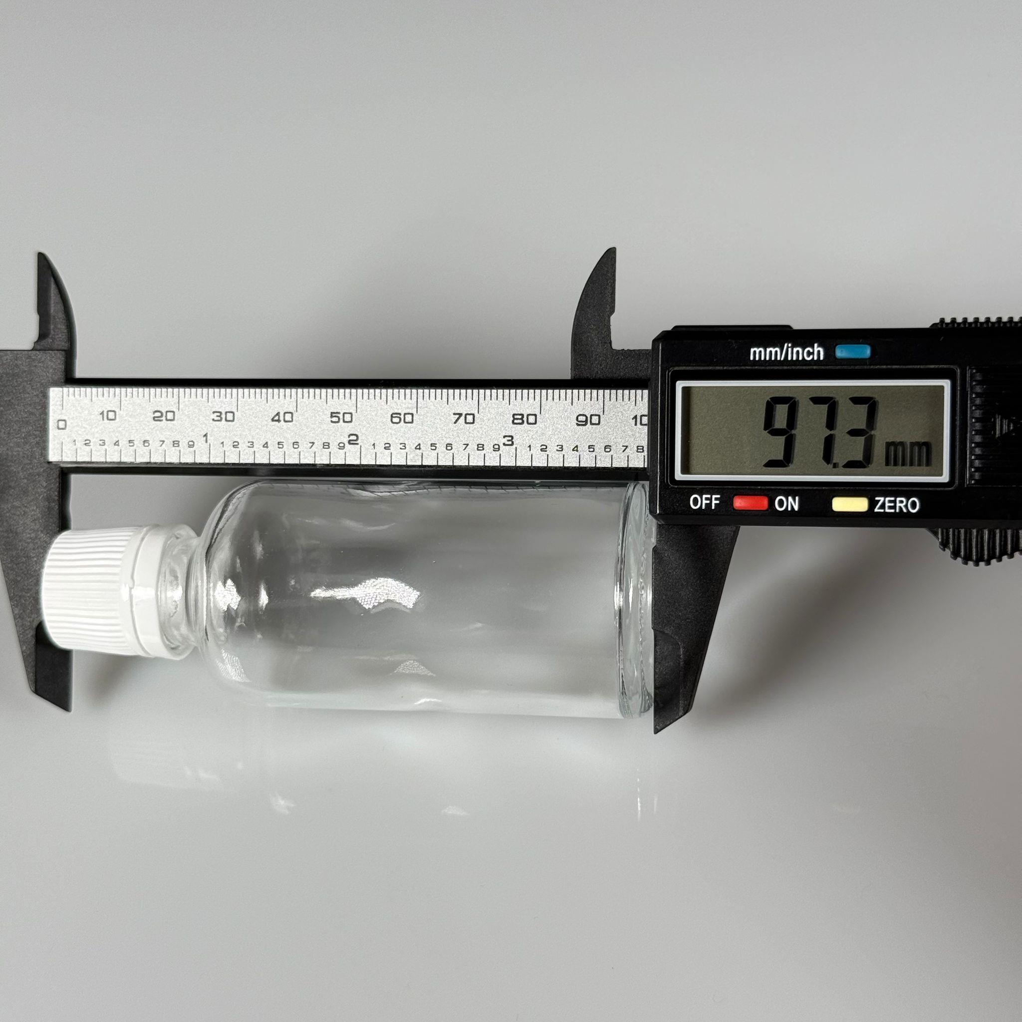 50 CC CAM ŞEFFAF KİLİTLİ, KENDİNDEN CONTALI BEYAZ KAPAKLI - 50 ML DAR AĞIZLI İLAÇ ŞİŞESİ