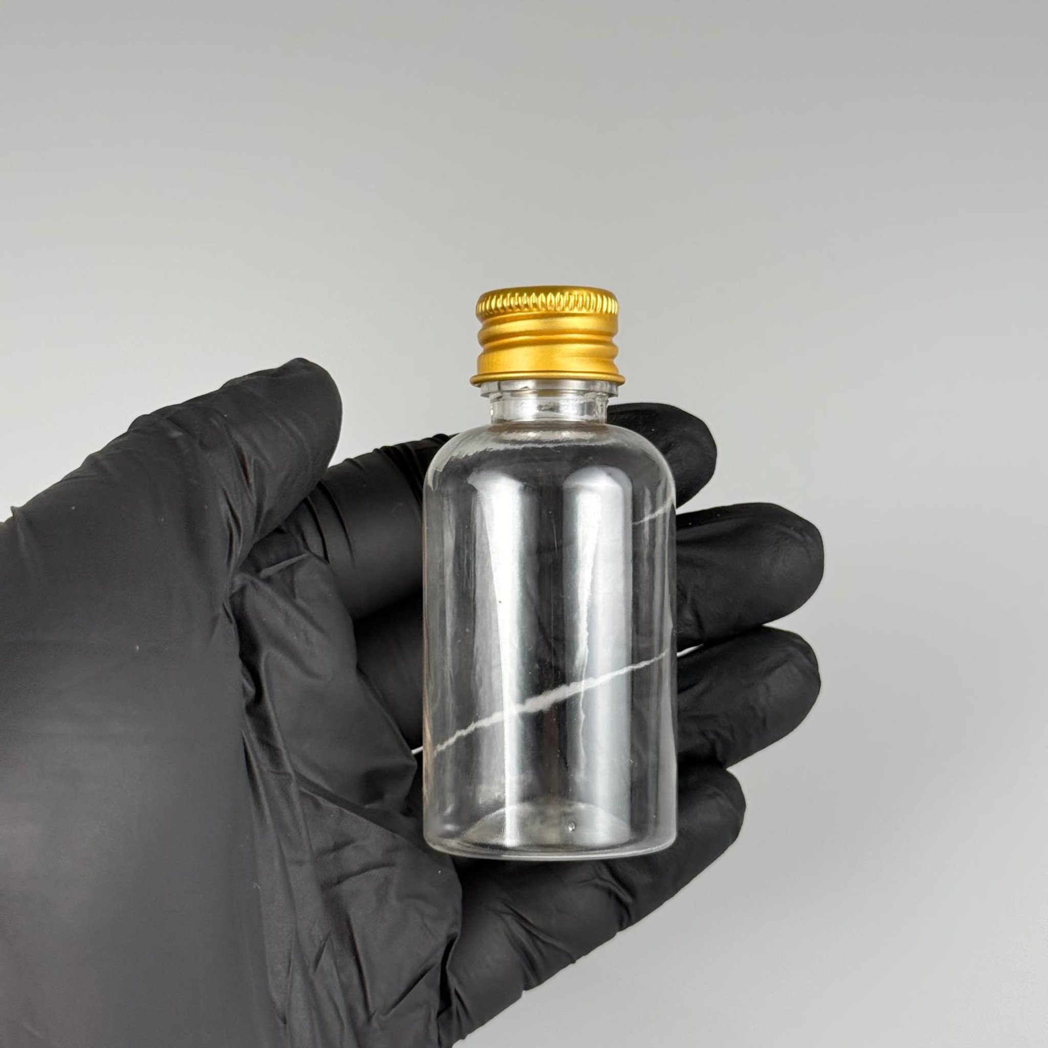 40 CC ŞEFFAF SİLİNDİR TOMBUL PET ŞİŞE + KÖPÜK CONTALI GOLD ALÜMİNYUM METAL KAPAKLI + KÖR TIPALI TAKIM - 40 ML PLASTİK ŞİŞE