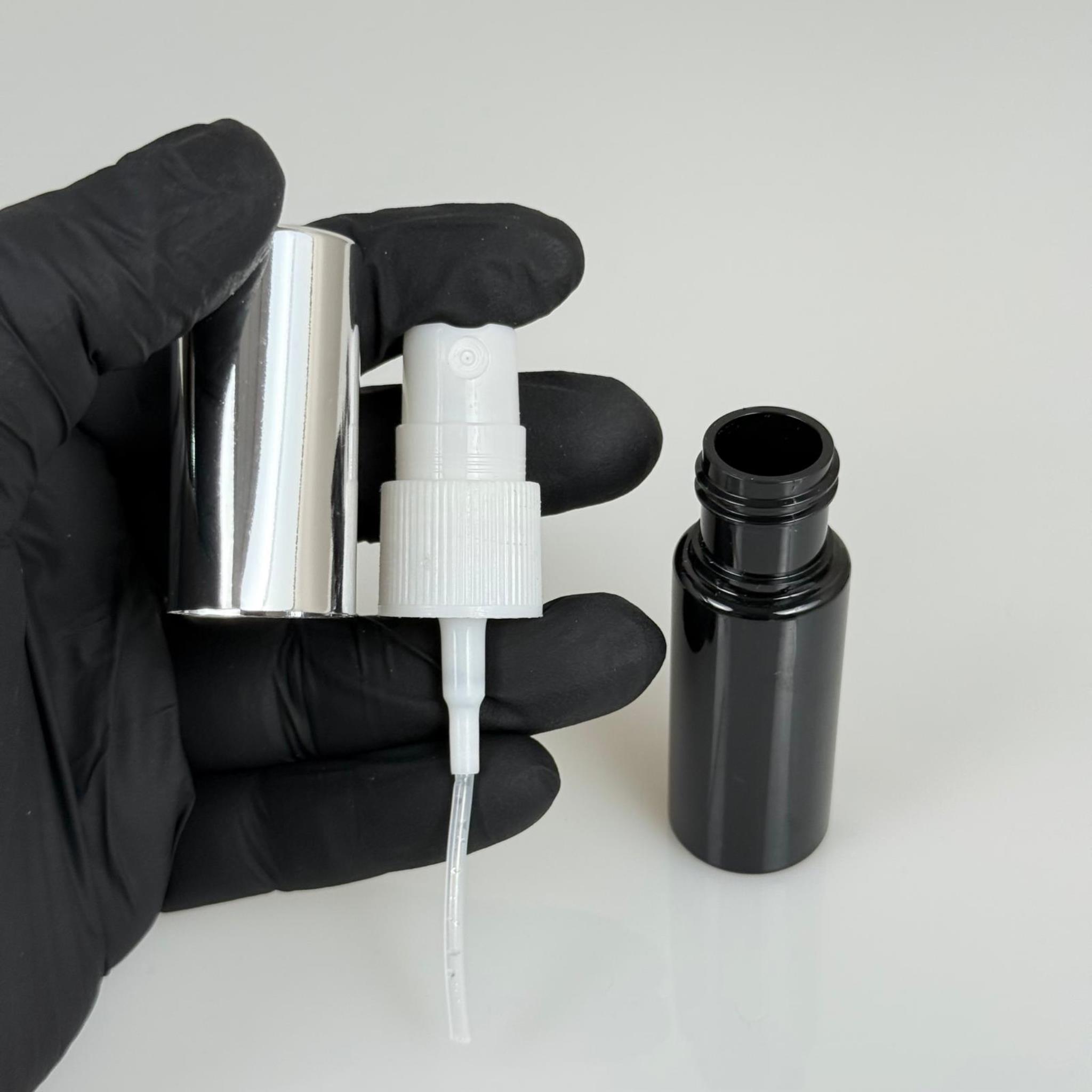 15 ML PET KOLONYA, PARFÜM VB ŞİŞELERİ - METAL ALÜMİNYUM GÜMÜŞ KAPAK + VİDALI SPREY + 15 CC SİYAH ŞİŞE SET TAKIM