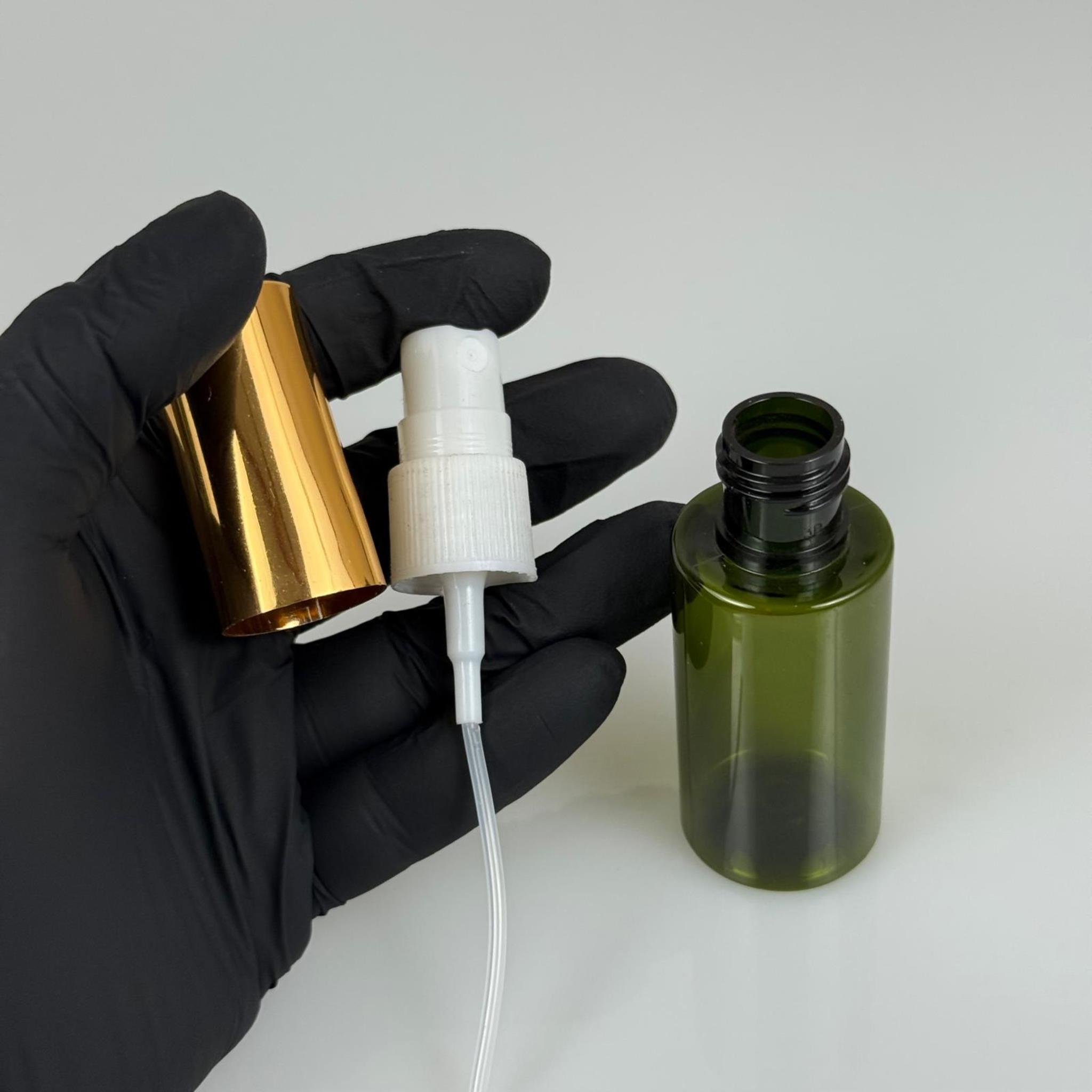 35 ML PET KOLONYA, PARFÜM VB ŞİŞELERİ - METAL ALÜMİNYUM GOLD KAPAK + VİDALI SPREY + 35 CC YEŞİL ŞİŞE SET TAKIM