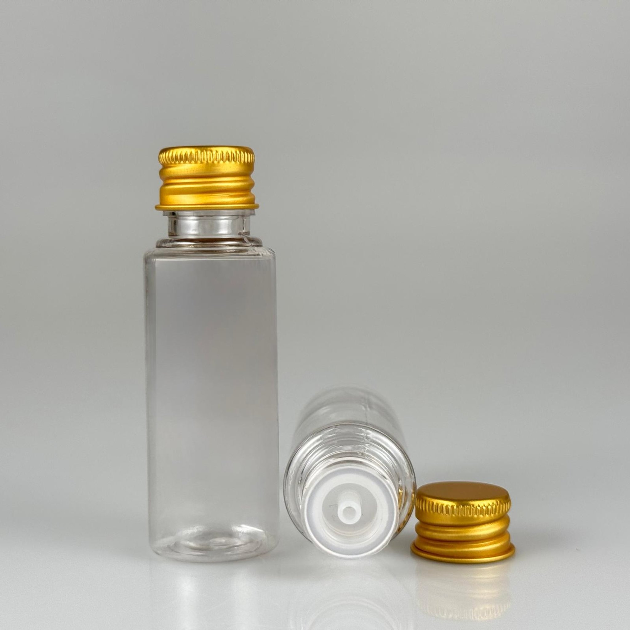 30 CC ŞEFFAF  PET SHOT ŞİŞE - KÖPÜK CONTALI GOLD ALÜMİNYUM METAL KAPAKLI + DAMLALIKLI KOLONYA TIPALI TAKIM - 30 ML PLASTİK ŞİŞE