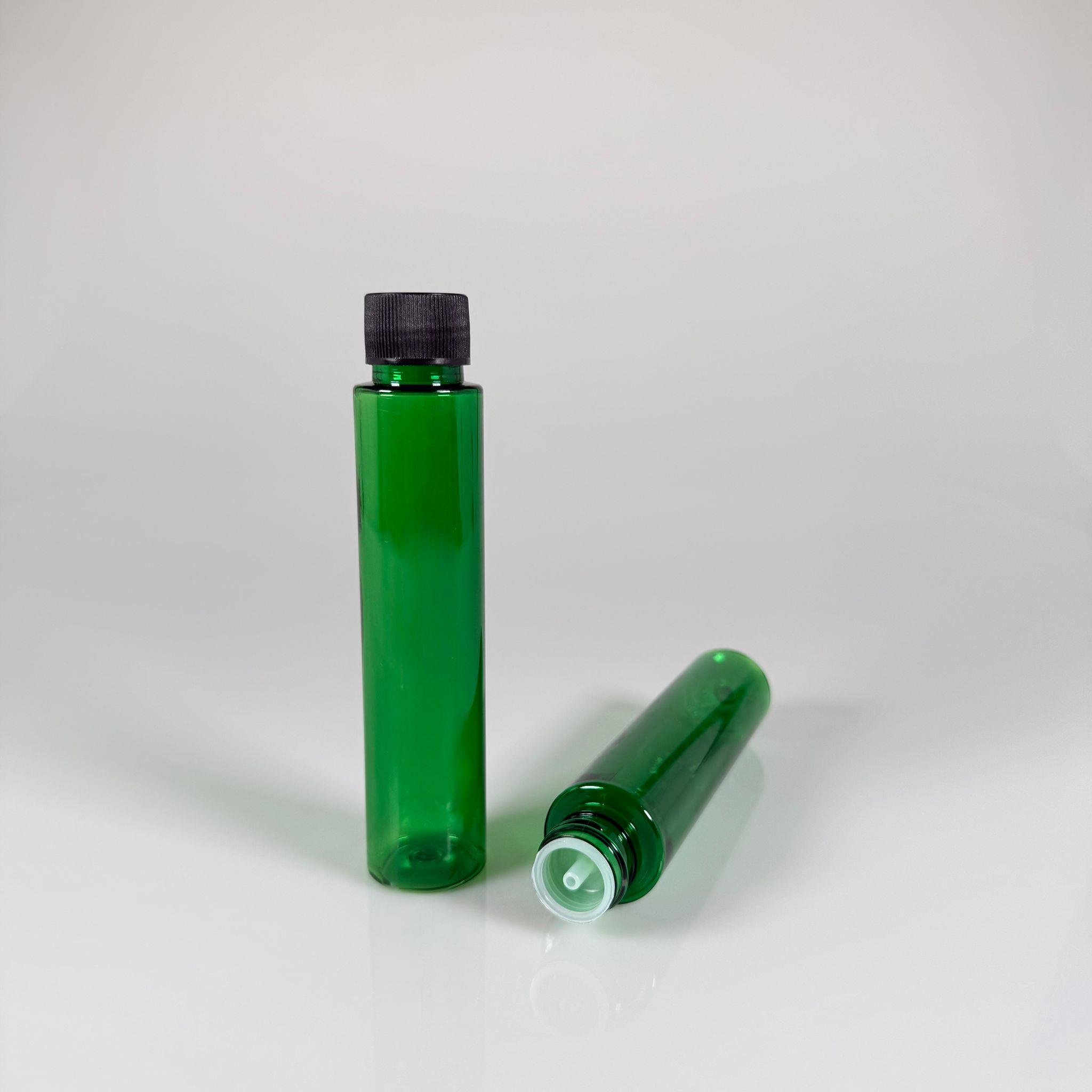 100 CC UZUN SİLİNDİR YEŞİL PET ŞİŞE (24 GR)  - SİYAH KAPAKLI KOLONYA TIPALI - 100 ML BİBERİYE SUYU, LAVANTA YAĞI, SAÇ SERUM, TONİK VB İÇİN PLASTİK KOZMETİK AMBALAJLARI