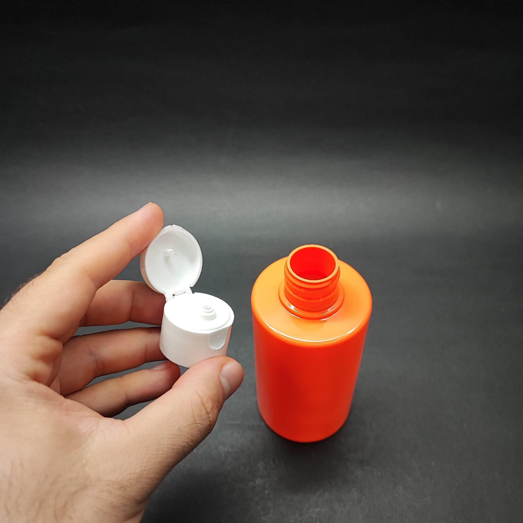 200 CC KÜT BOYUNLU SİLİNDİR PET ŞİŞE (24 GR) - BEYAZ FLİPTOP KAPAKLI - 200 ML PLASTİK ŞİŞE - TURUNCU