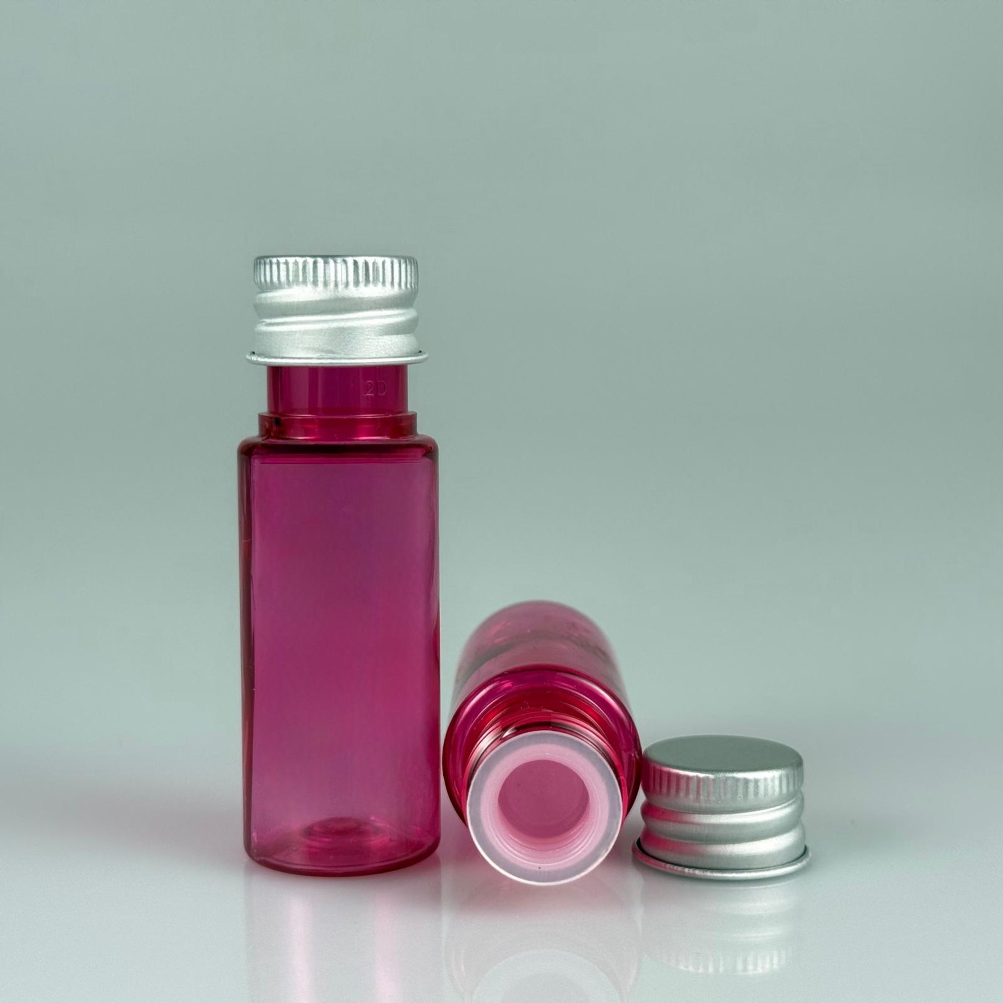 15 CC SİLİNDİR PEMBE PET ŞİŞE + KÖPÜK CONTALI GÜMÜŞ ALÜMİNYUM METAL KAPAKLI + KÖR TIPALI TAKIML - 15 ML PEMBE PET ŞİŞE