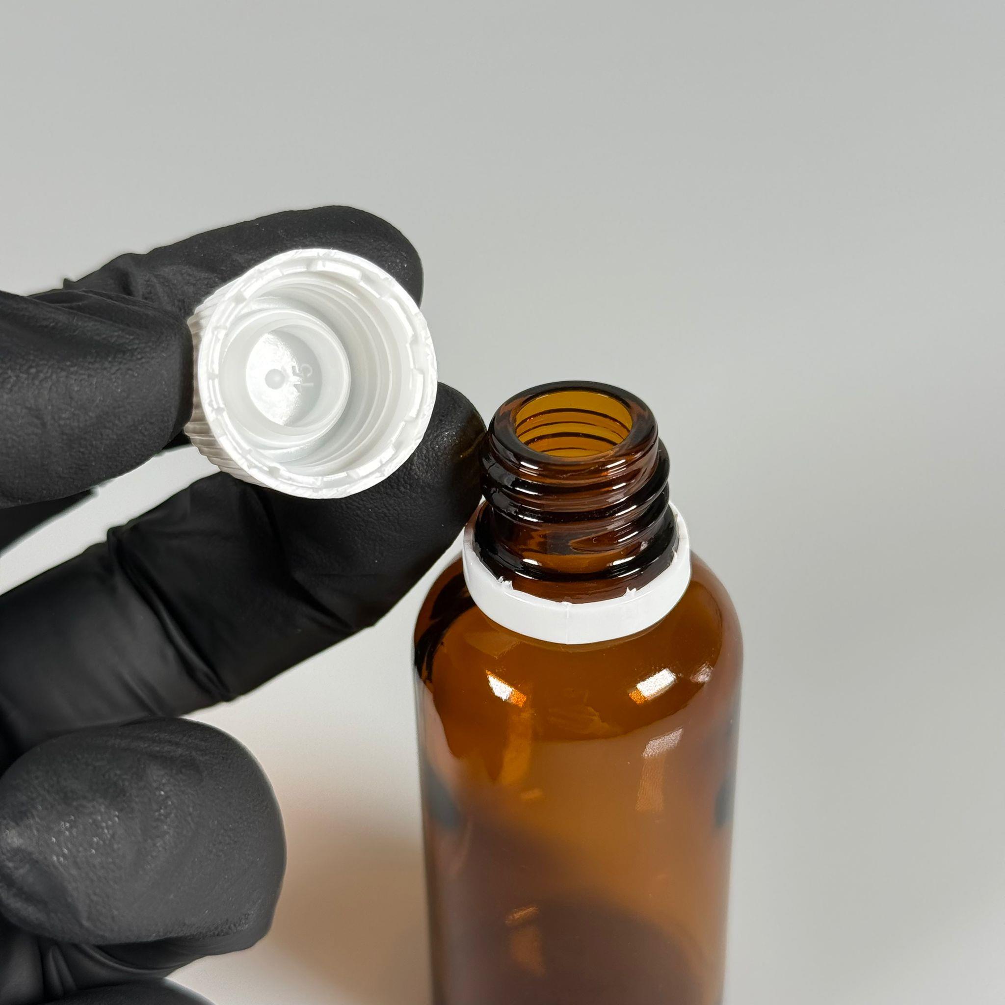 30 CC CAM AMBER KAHVERENGİ KİLİTLİ, KENDİNDEN CONTALI BEYAZ KAPAKLI - 30 ML DAR AĞIZLI İLAÇ ŞİŞESİ