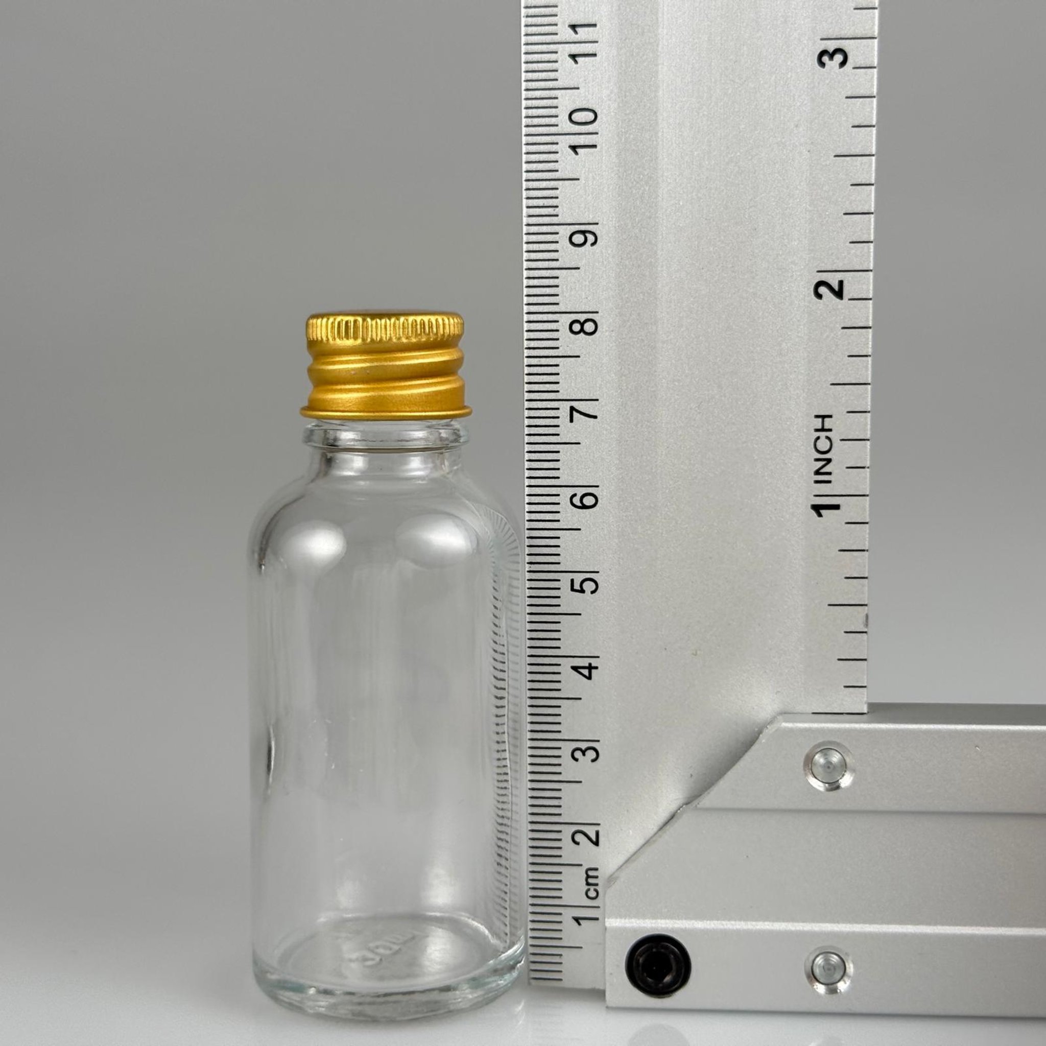 30 CC ŞEFFAF CAM ŞİŞE + KÖPÜK CONTALI GOLD ALÜMİNYUM METAL KAPAKLI + KÖR TIPALI TAKIM - 30 ML ŞEFFAF CAM ŞİŞE