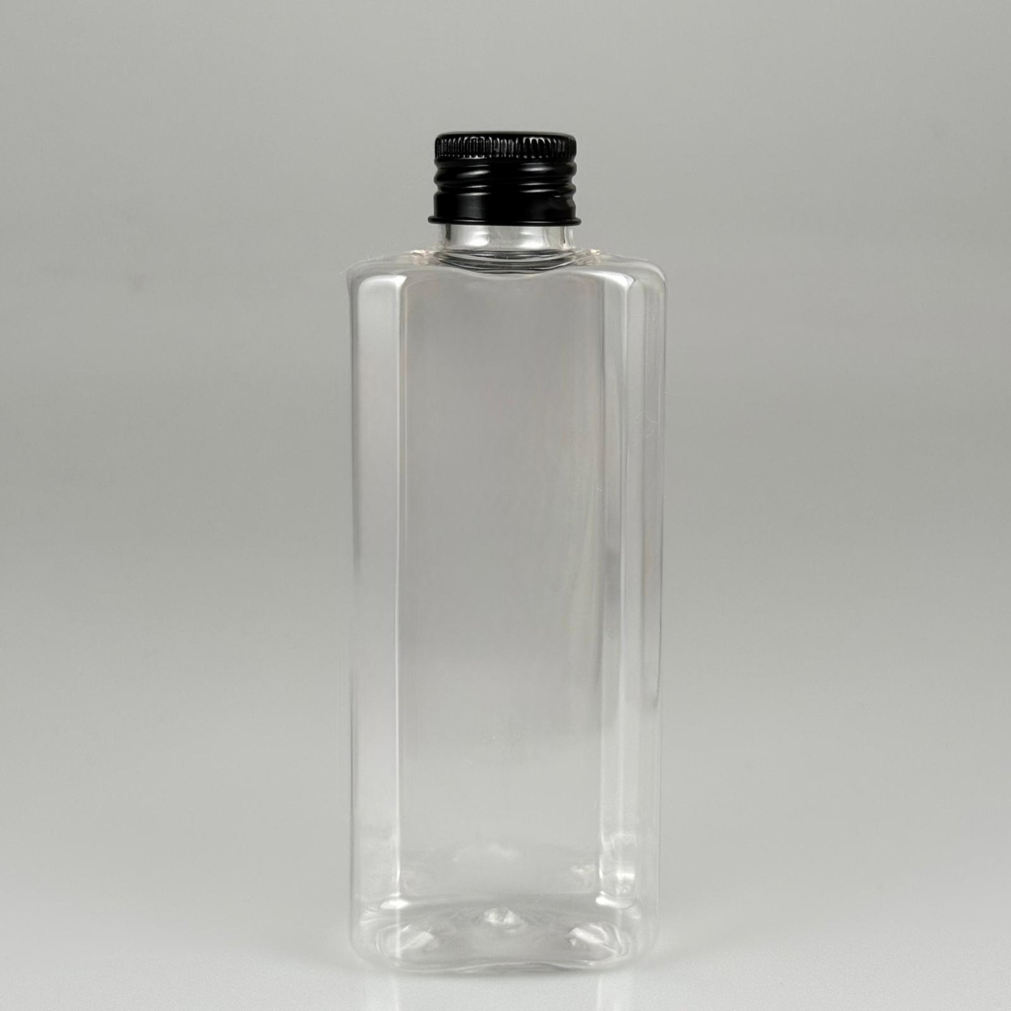 200 CC YASSI MODEL ŞEFFAF PET ŞİŞE (24 AĞIZ) + KÖPÜK CONTALI SİYAH METAL ALÜMİNYUM KAPAK TAKIM - 200 ML KAPAKLI PLASTİK ŞİŞELER